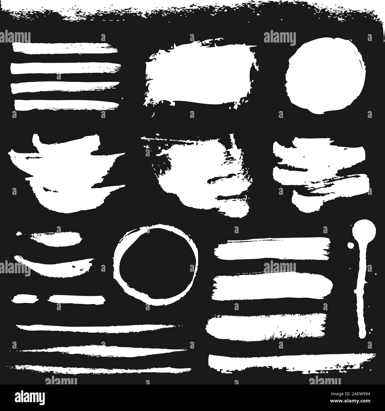 Malen Sie Pinselstriche und Grunge Flecken isoliert auf schwarzem Hintergrund. Weiße Vektor-Design-Elemente für Pinsel Textur, Rahmen, Hintergrund, Banner. Stock Vektor