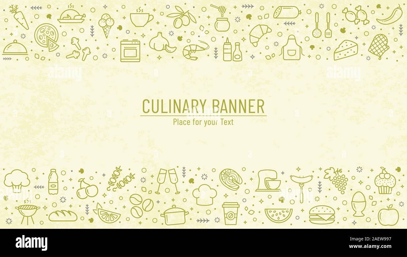 Kochen Banner mit Essen und Küche Zeile für Symbole und Kopieren. Kulinarische Hintergrund mit Platz für Text. Vector Illustration. Stock Vektor