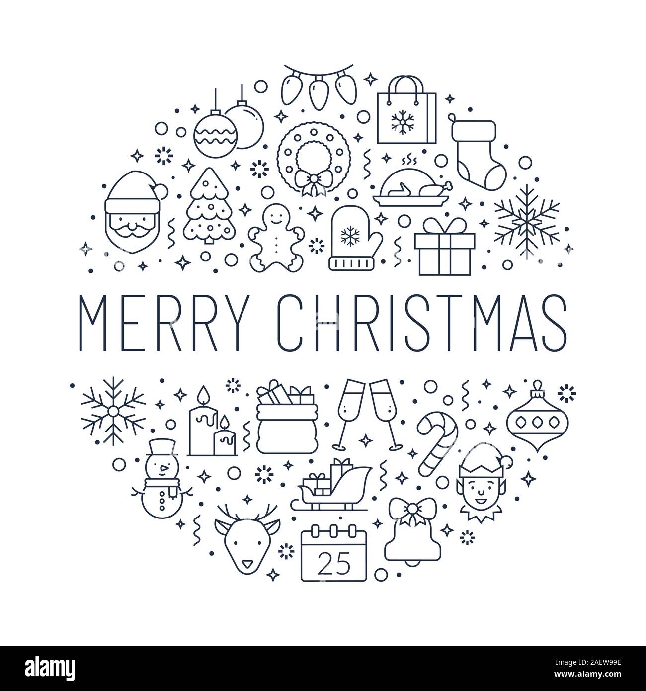 Frohe Weihnachten Banner mit Urlaub Zeile für Symbole. Weißer Hintergrund mit schwarzer Outline Symbole. Vektor Grußkarte. Stock Vektor