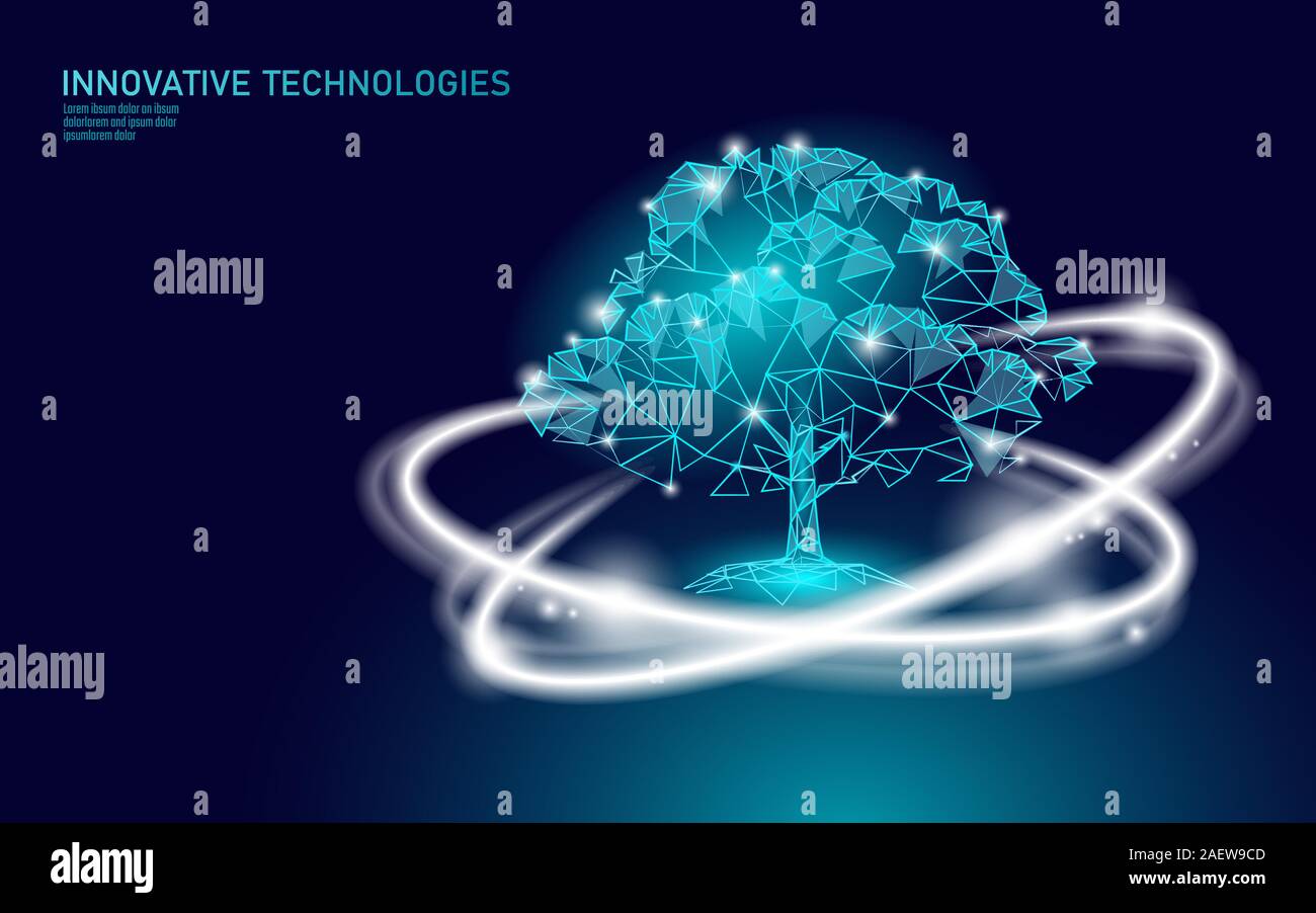 Glühende Pflanze Baum ökologische abstraktes Konzept. 3D-Render Bepflanzung Boden Sämling verlässt. Speichern planet Natur Umwelt wachsen Leben. Eco Polygon Stock Vektor