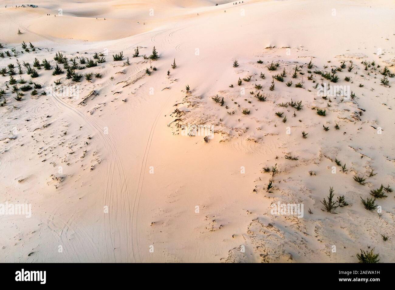 Weißen Sanddünen von Mui Ne, Vietnam. top Aussicht, Luftaufnahme Stockfoto