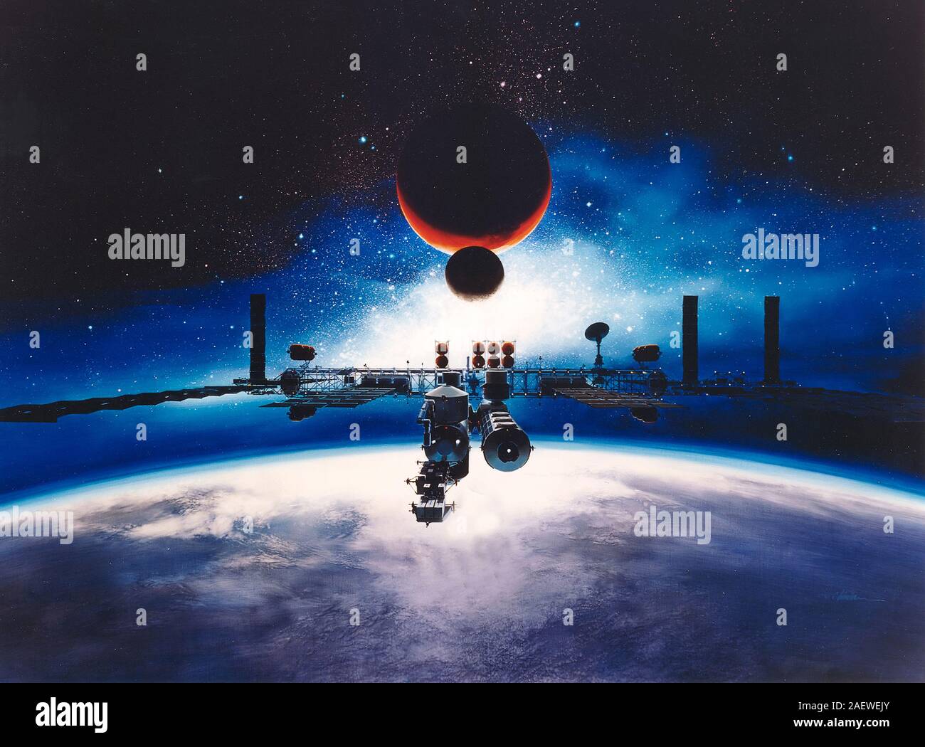 Raumstation in der Umlaufbahn. Planeten Erde und der Mond aus dem Weltraum. Sonnenfinsternis. Von diesem Bild sind von der NASA eingerichtet Stockfoto