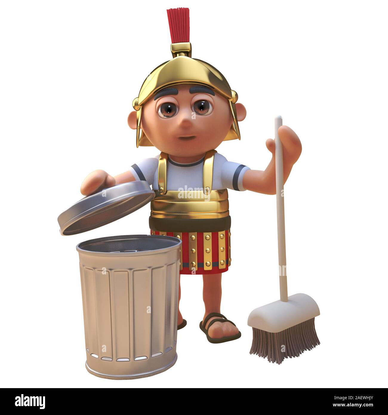 Cartoon 3d-römischer Legionär Soldat Reinigung mit einem Besen und Papierkorb, 3d-Grafik rendern Stockfoto