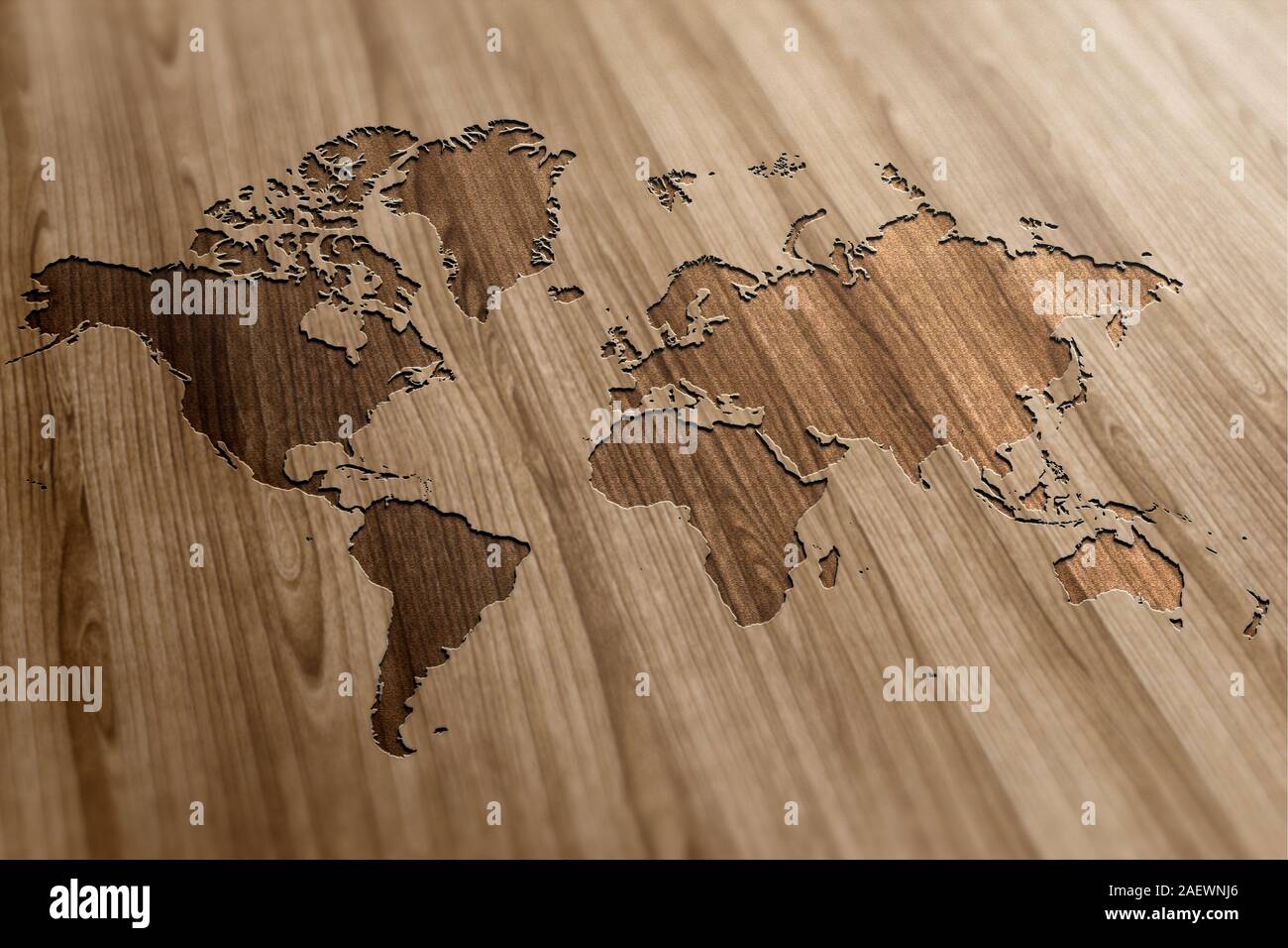 Welt Karte auf einer hölzernen Hintergrund Stockfoto