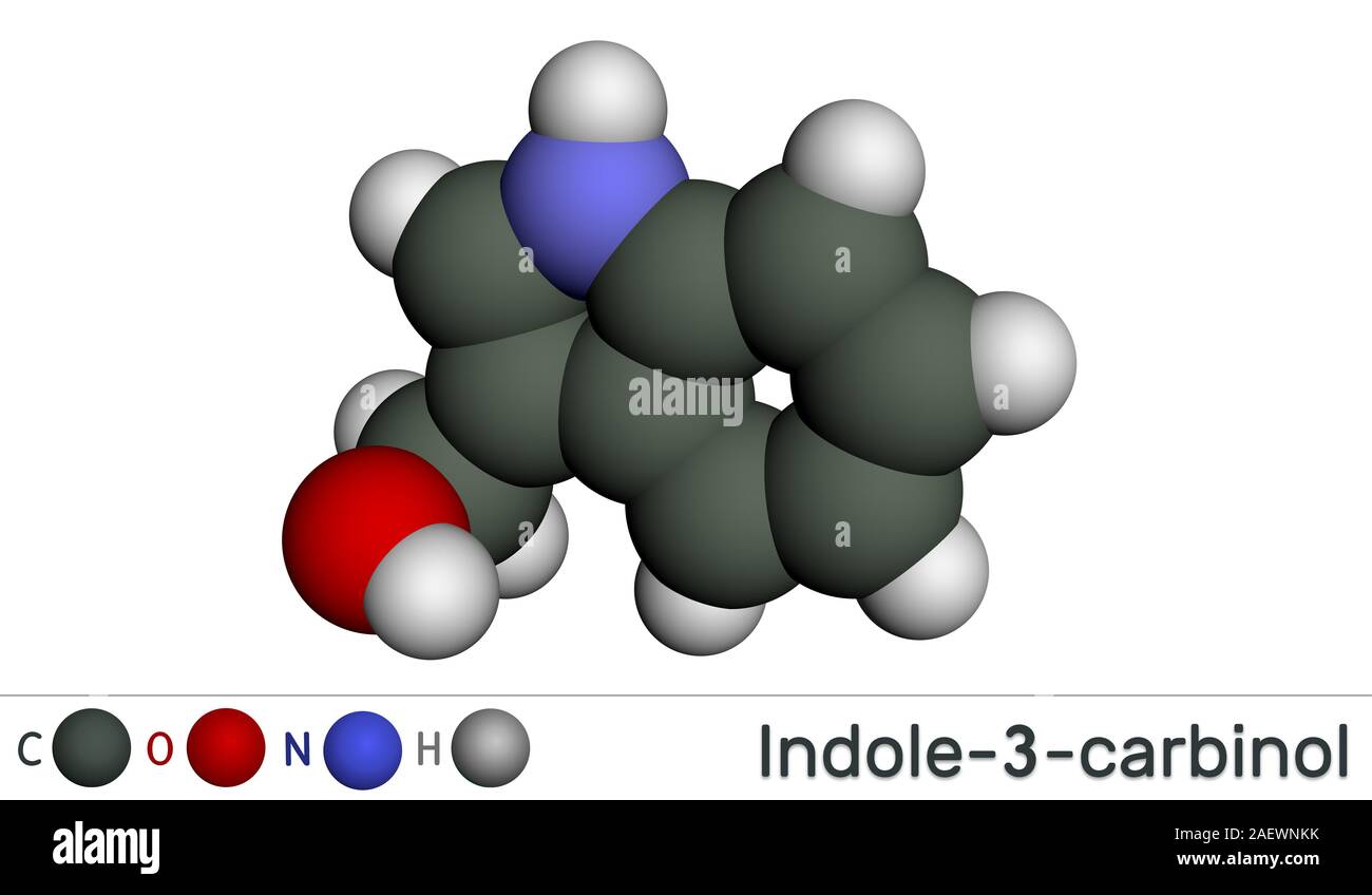 Indol-3-Carbinol Molekül, ist in der Familie der Kreuzblütler Gemüse wie Brokkoli, Kohl, Blumenkohl, Rosenkohl, Kohl Grüns und Kale. Mole Stockfoto