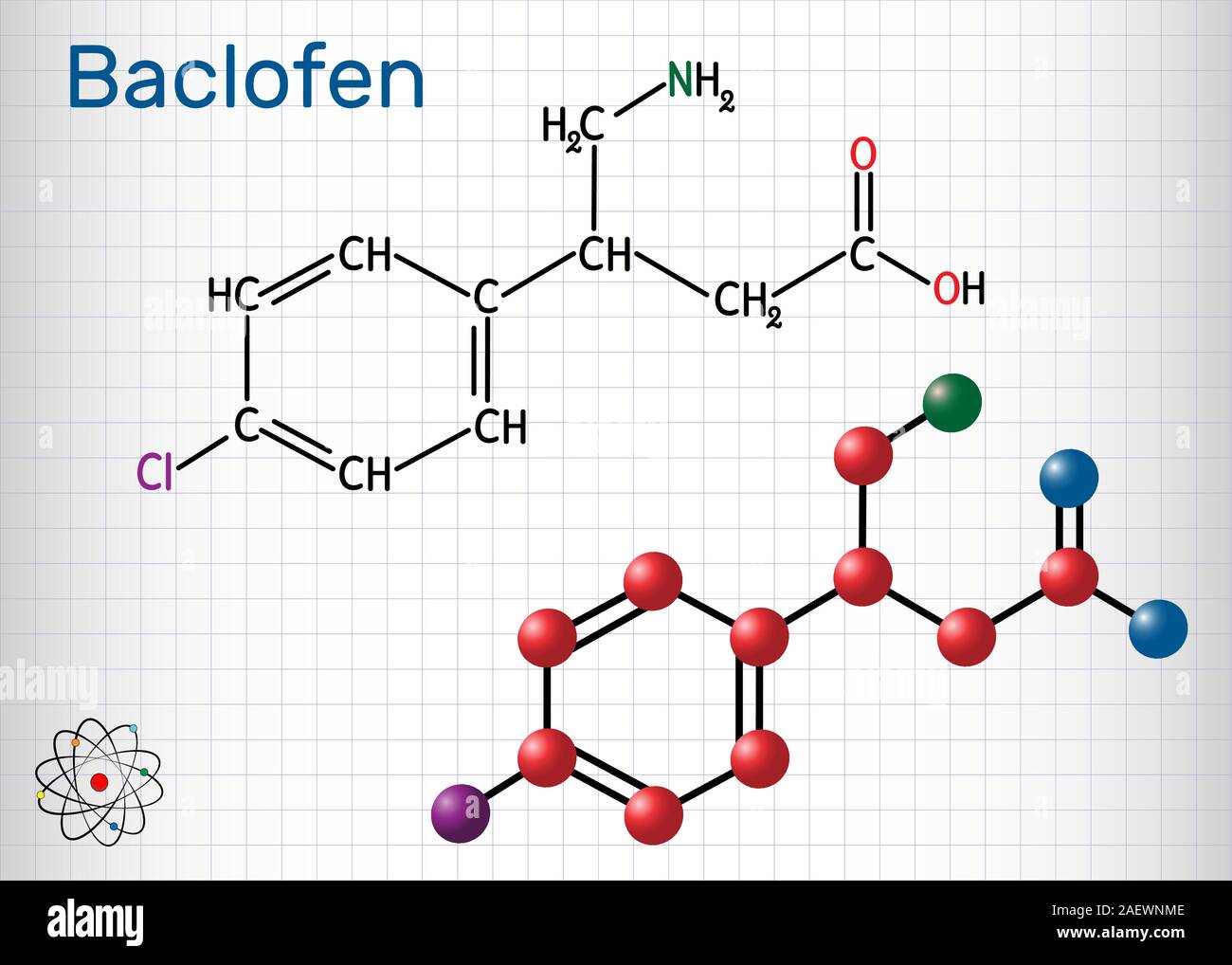 Baclofen Molekül C10H12ClNO2, ist ein Medikament, das zur Behandlung der Spastik der Muskulatur. Strukturelle chemische Formel und Molekül-Modell. Blatt Papier in einer Ca Stock Vektor