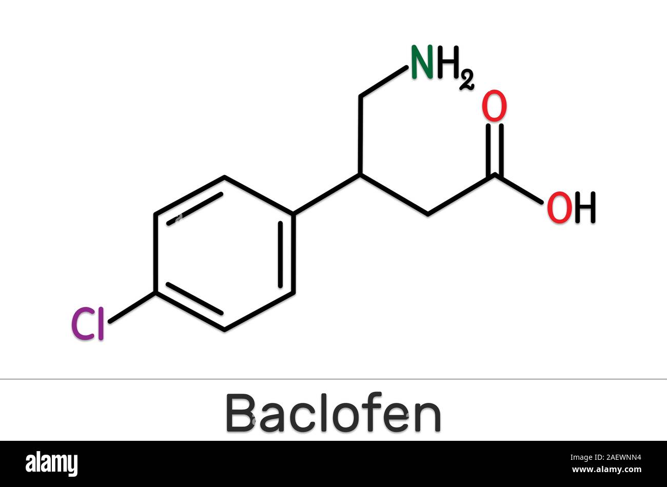 Baclofen Molekül C10H12ClNO2, ist ein Medikament, das zur Behandlung der Spastik der Muskulatur. Strukturelle chemische Formel. Abbildung: Stockfoto