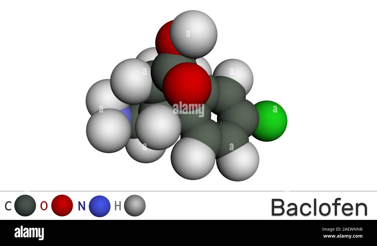 Baclofen Molekül C10H12ClNO2, ist ein Medikament, das zur Behandlung der Spastik der Muskulatur. Molekulare Modell. 3D-Rendering Stockfoto