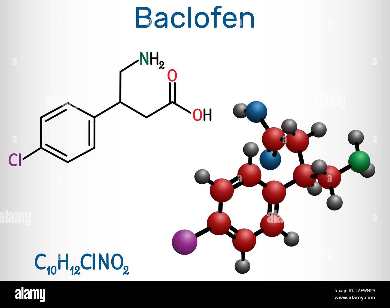 Baclofen Molekül C10H12ClNO2, ist ein Medikament, das zur Behandlung der Spastik der Muskulatur. Strukturelle chemische Formel und Molekül-Modell. Vector Illustration Stock Vektor