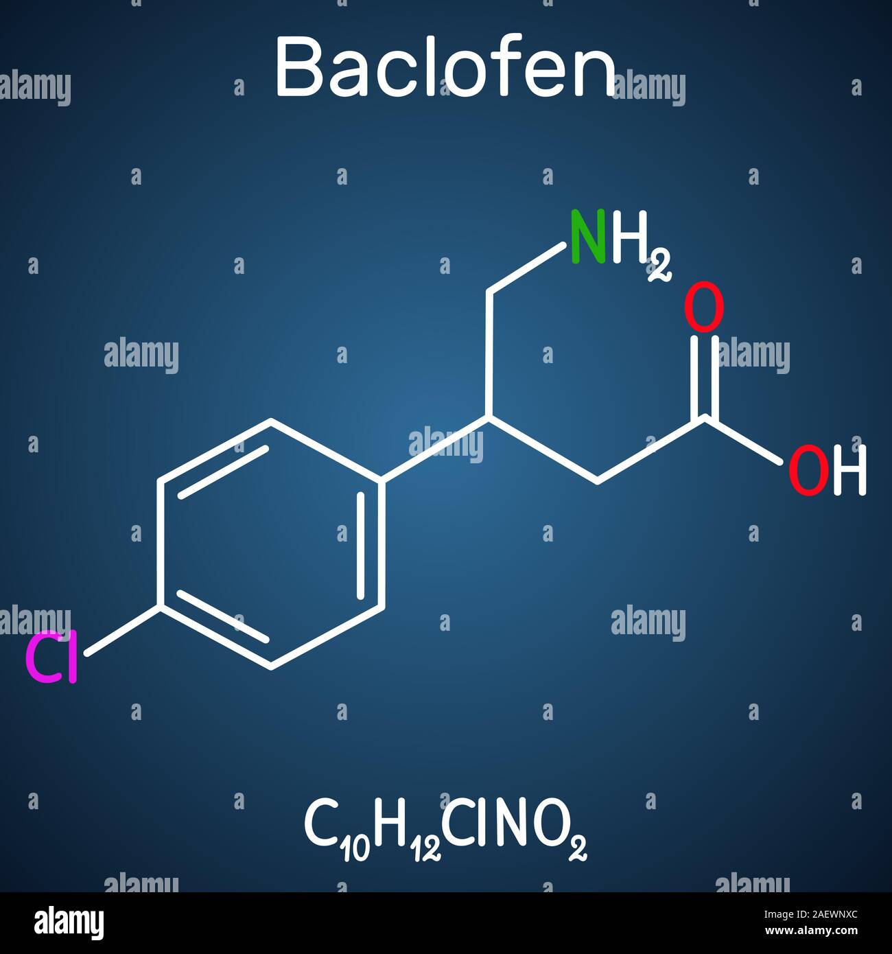 Baclofen Molekül C10H12ClNO2, ist ein Medikament, das zur Behandlung der Spastik der Muskulatur. Strukturelle chemische Formel auf dem dunkelblauen Hintergrund. Vektor illust Stock Vektor