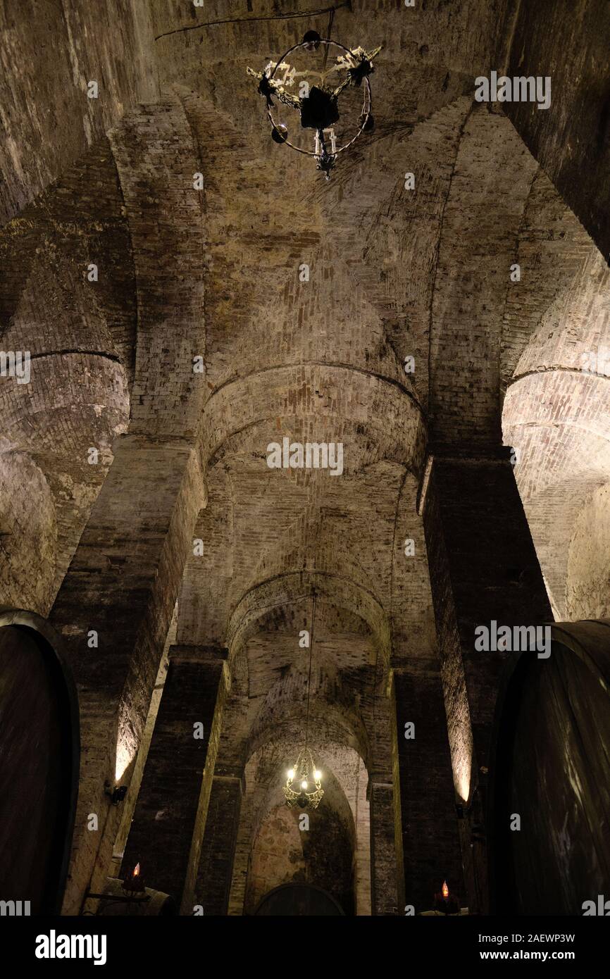 Die Decke des Weinkellers der historischen Kellerei Cantine de Ricci in Montepulciano Toskana Italien EU - Weingut der Toskana - Wein von Montepulciano Stockfoto