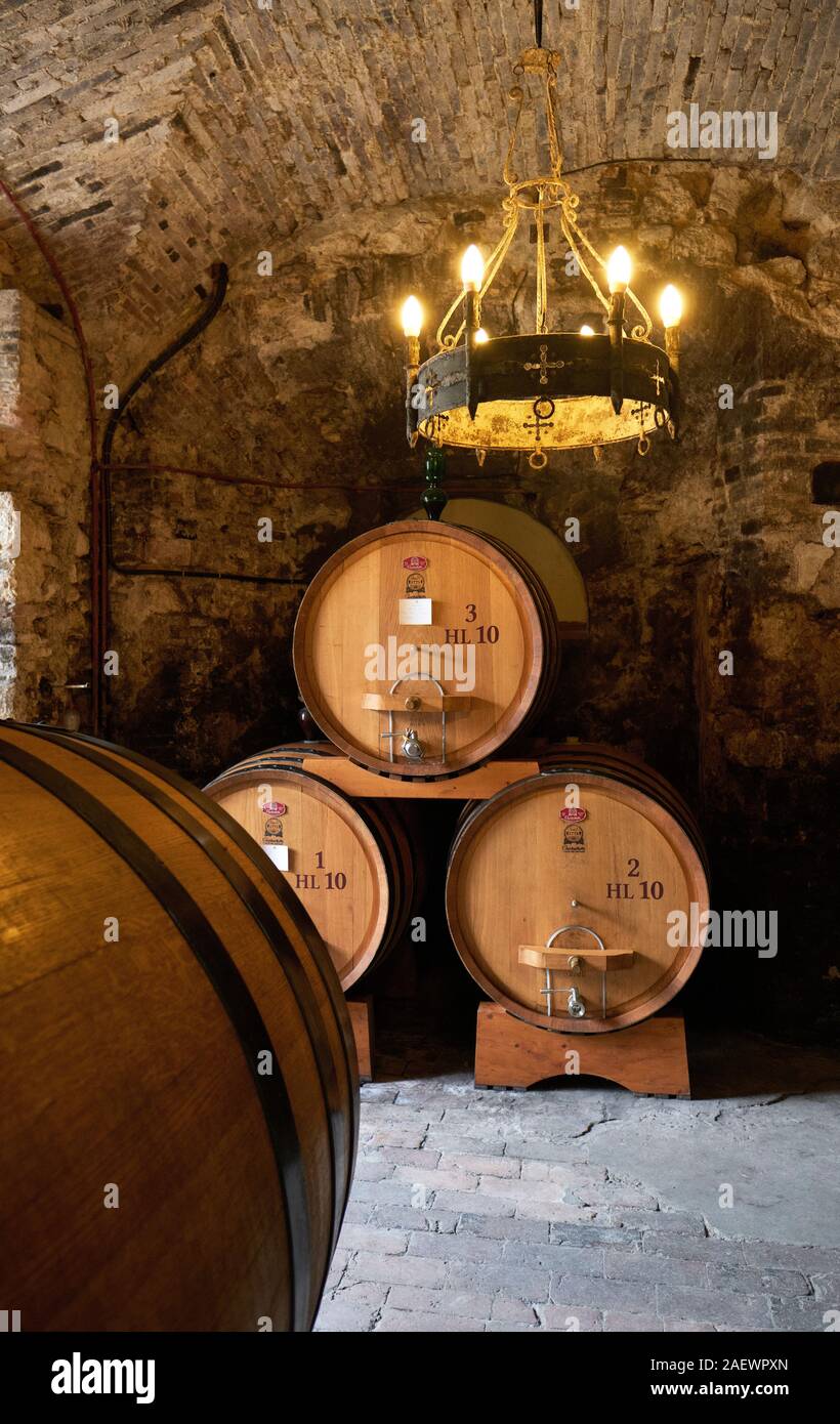 Der Weinkeller und Fässer des historischen Cantine de Ricci Weingut in Montepulciano Ferienhaus Toskana Italien EU - Toskana Weingut - Wein Montepulciano Stockfoto