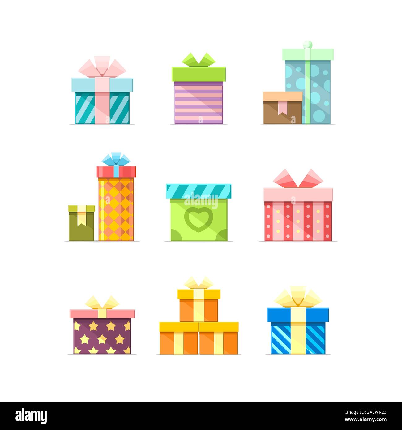 9 Bunte Vektor flache Kartons mit Bändern auf weißem Hintergrund. Paket, Geschenk, Geschenk, Geburtstag, Party, Symbole, Satz 3 Stock Vektor