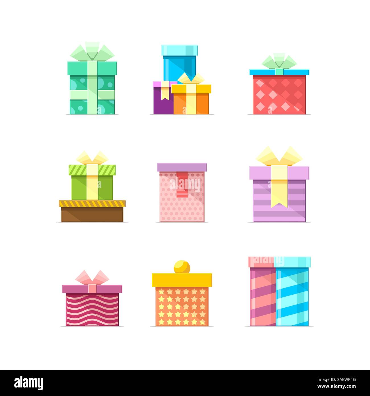9 Bunte Vektor flache Kartons mit Bändern auf weißem Hintergrund. Paket, Geschenk, Geschenk, Geburtstag, Party, Symbole, Satz 4 Stock Vektor