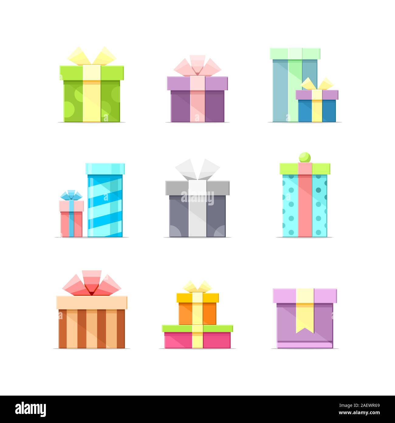 9 Bunte Vektor flache Kartons mit Bändern auf weißem Hintergrund. Paket, Geschenk, Geschenk, Geburtstag, Party, Symbole, Satz 1 Stock Vektor
