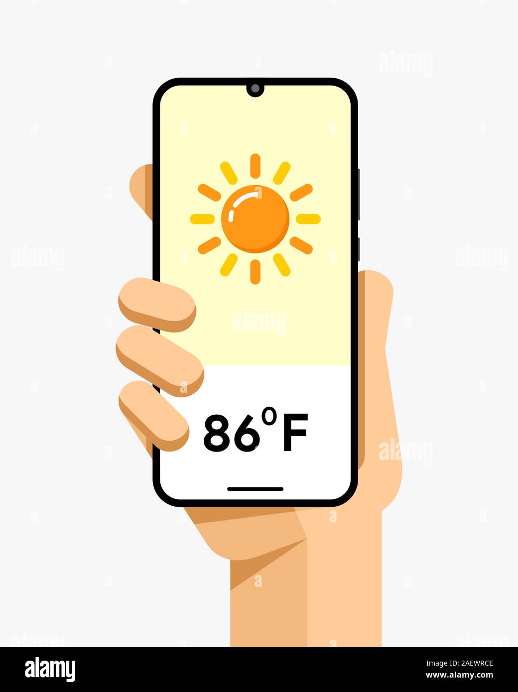 Smartphone Mockup in der menschlichen Hand. Wetter temperatur Anwendung. Sommer, Sonne, warm. EPS 10 Vektor Stock Vektor