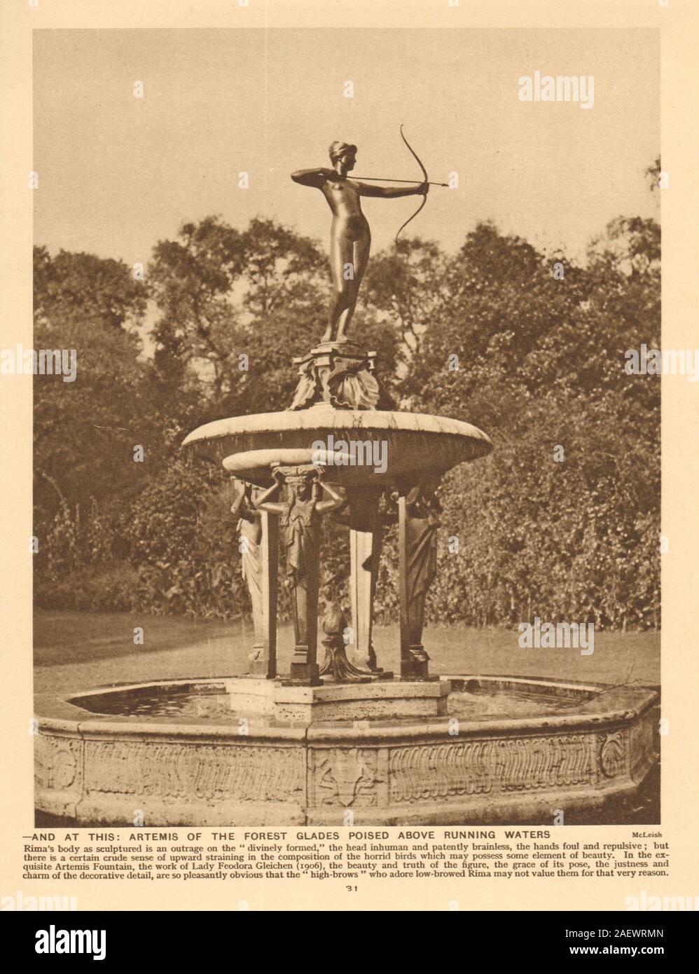 Artemis Brunnen von Lady Feodora Gleichen. Hyde Park 1926 old Vintage Print Stockfoto