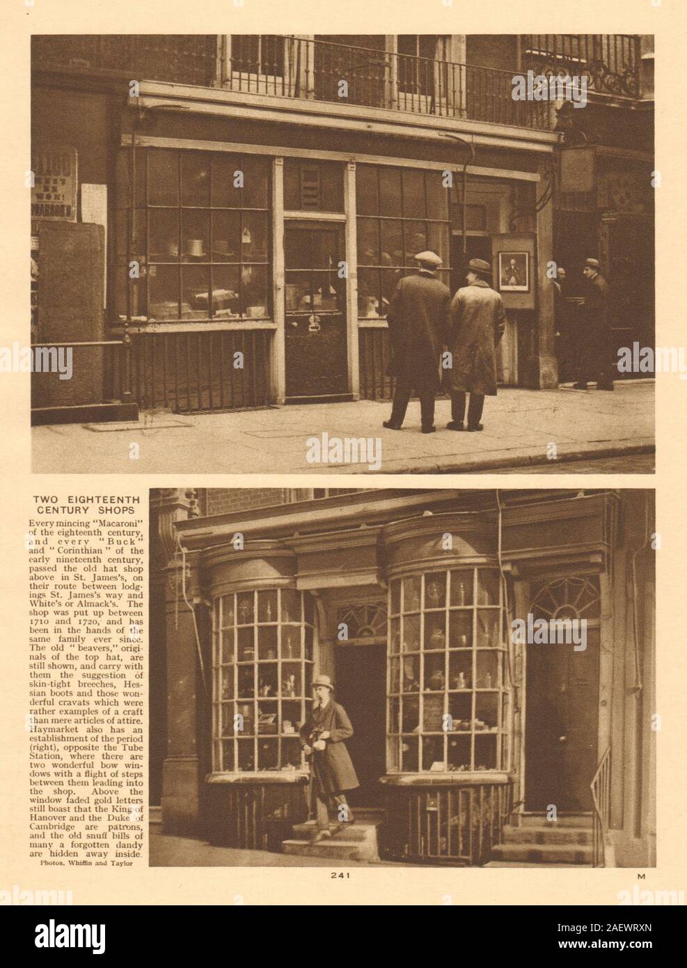 Zwei achtzehnten Jahrhundert Geschäfte im St James's und Haymarket 1926 alten Drucken Stockfoto