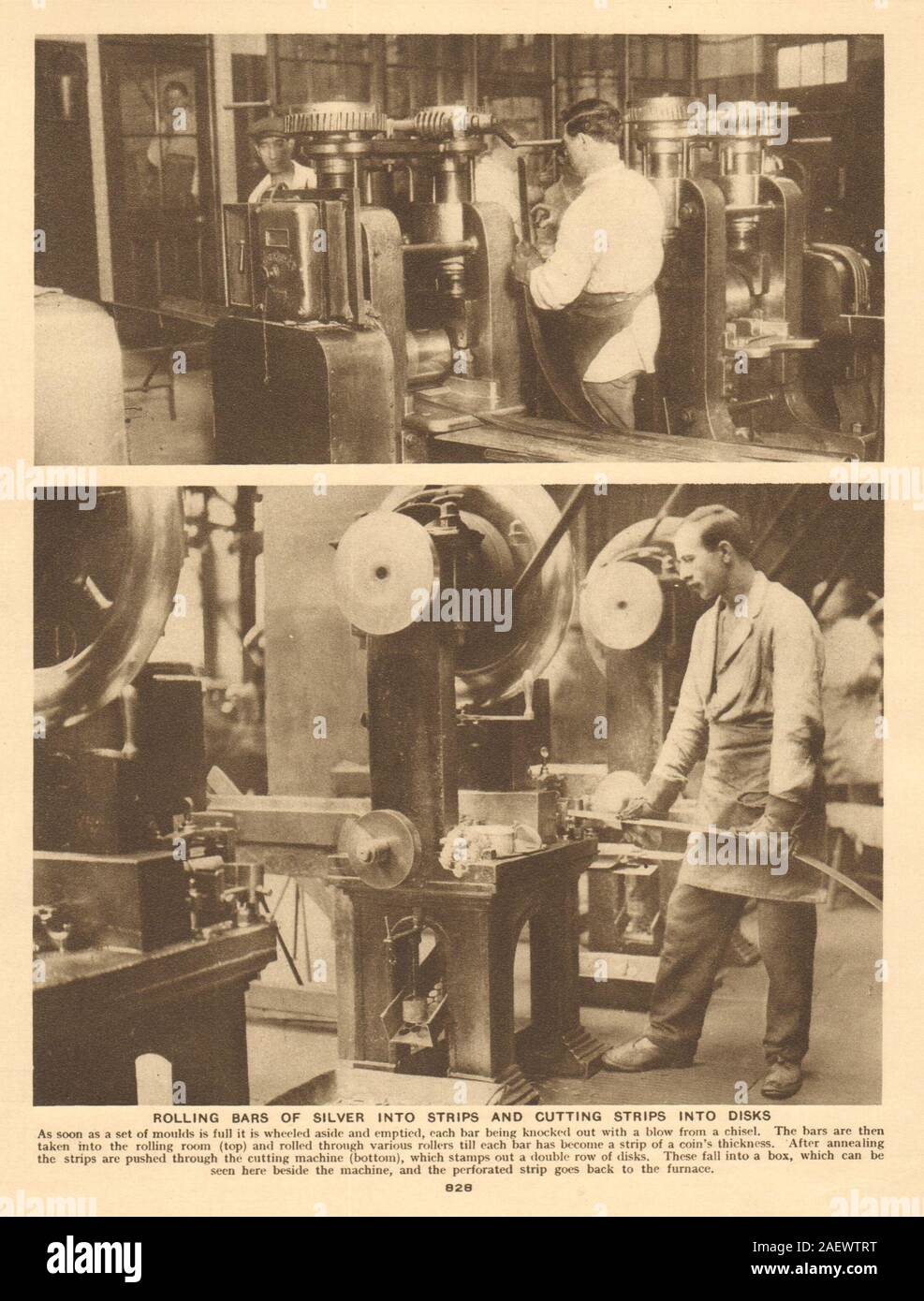 Royal Mint. Rollende Bars von Silber in Streifen & Schneiden in Scheiben Drucken 1926 Stockfoto