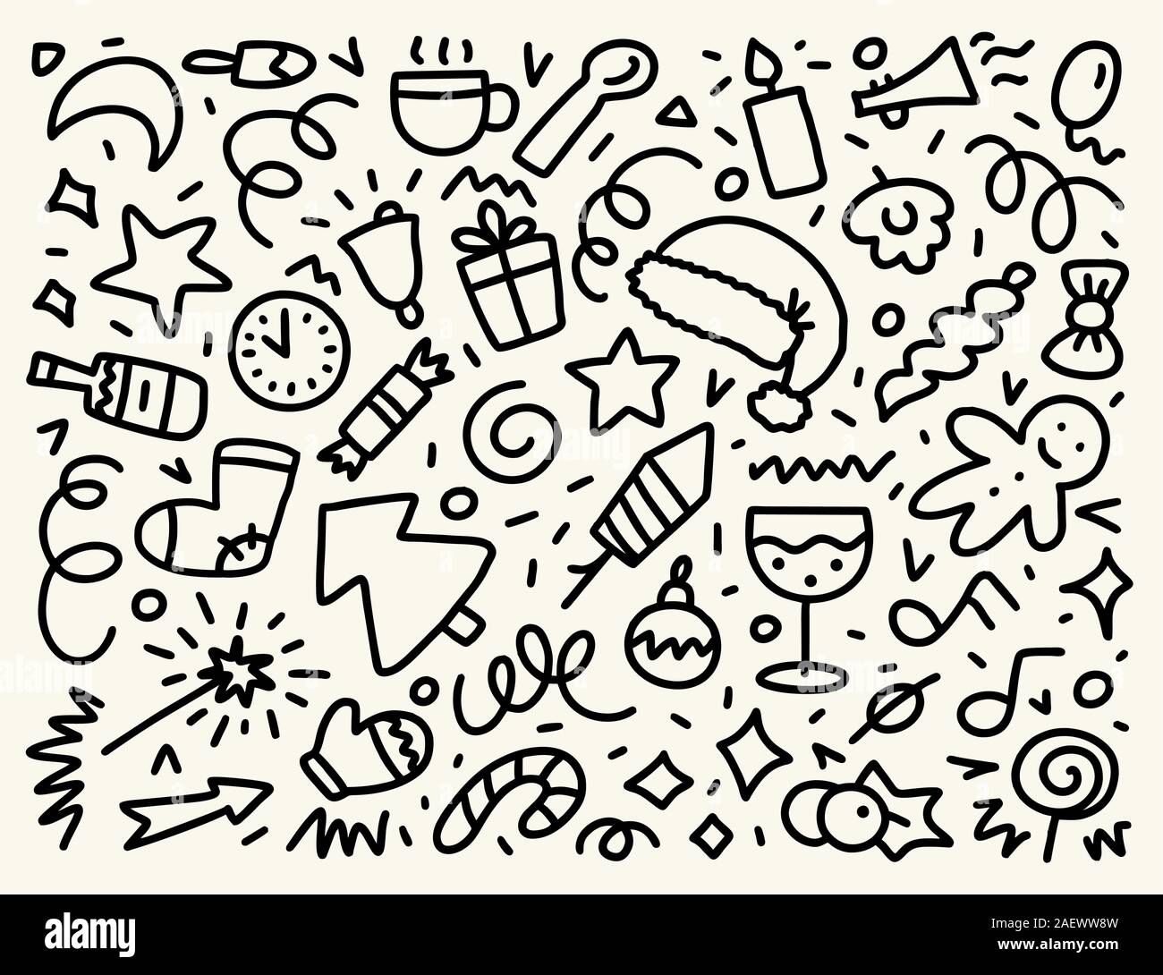 Doodle einfachen Vektor Hand gezeichnet. Frohes Neues Jahr und Frohe Weihnachten Überblick Hintergrund Stock Vektor
