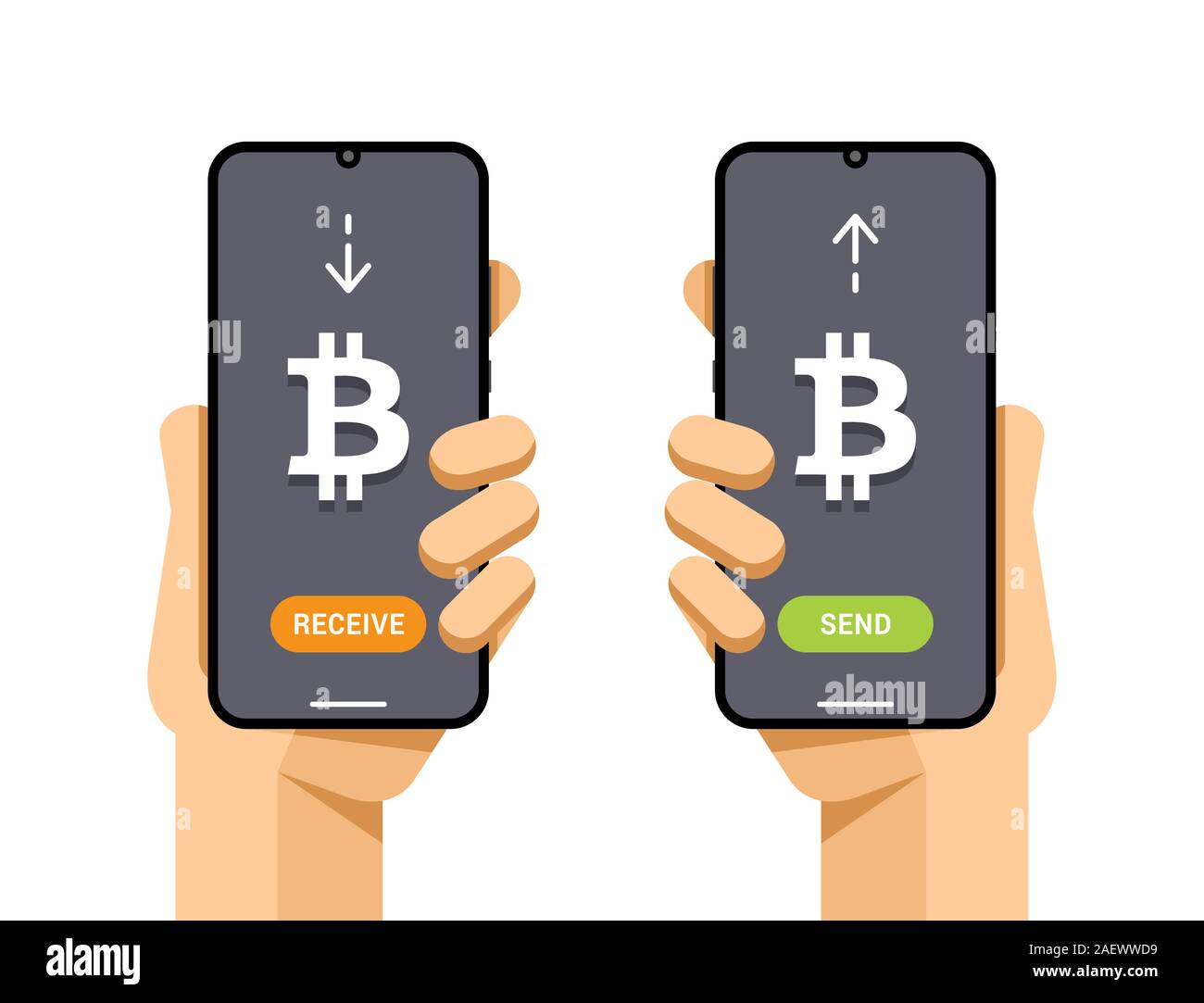 Smartphones mit cryptocurrency Transaktion. Bitcoin senden und empfangen. Elektronische Brieftasche Stock Vektor