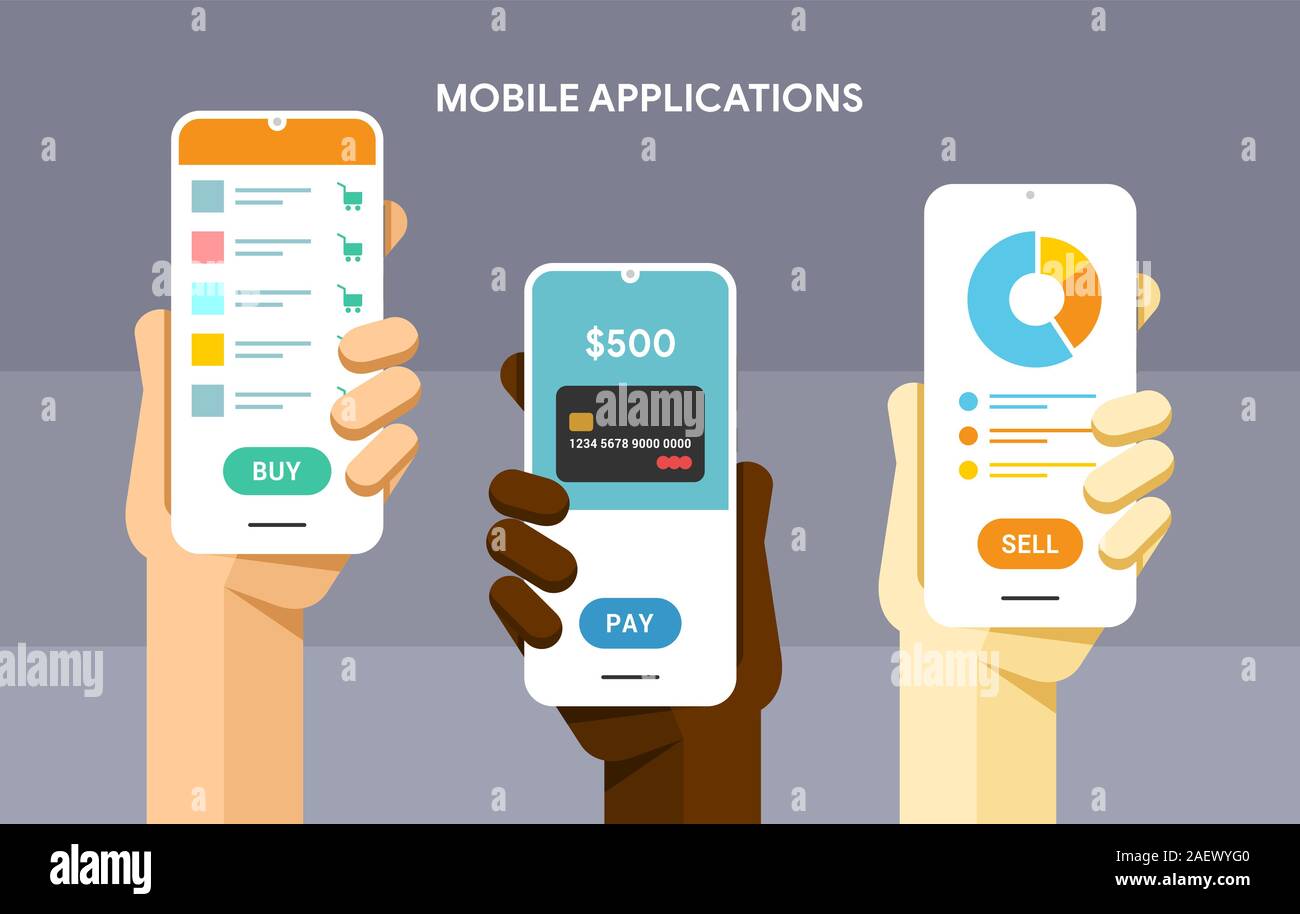 Smartphone Mockup in der menschlichen Hand. Shopping, Mobile Wallet Zahlung und Finanzierung Anwendung. Vektor Flachbild bunte Technologie Abbildung Stock Vektor