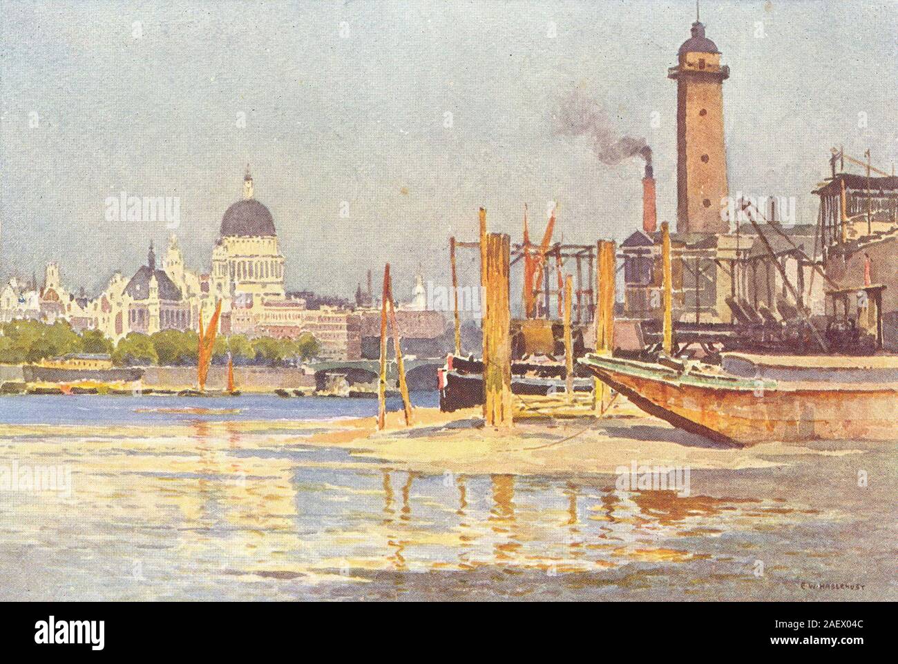 Die Themse von unten Waterloo Bridge. London. Von Ernest Haslehust 1920 Drucken Stockfoto