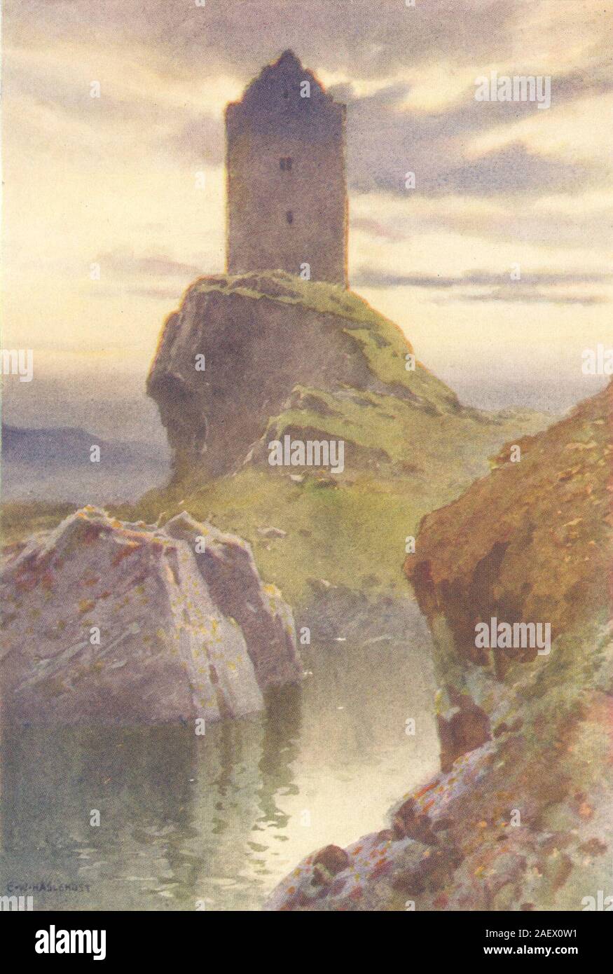 Smailholm Tower, Scott Land. Schottland. Von Ernest Haslehust 1920 alten Drucken Stockfoto