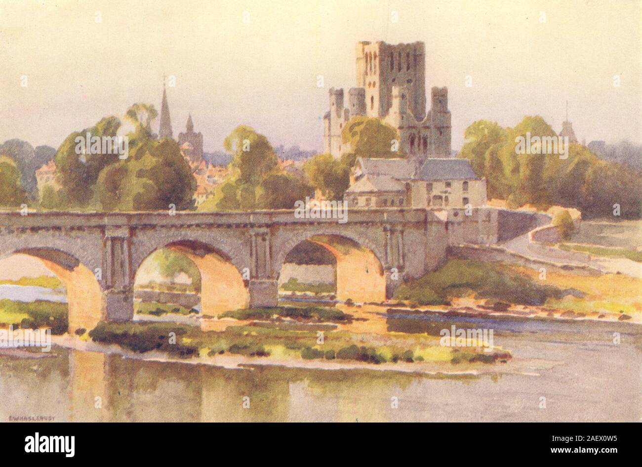 Kelso. Der Fluss Tevoit und Ruinen der Abtei. Schottland. Von Ernest Haslehust 1920 Stockfoto