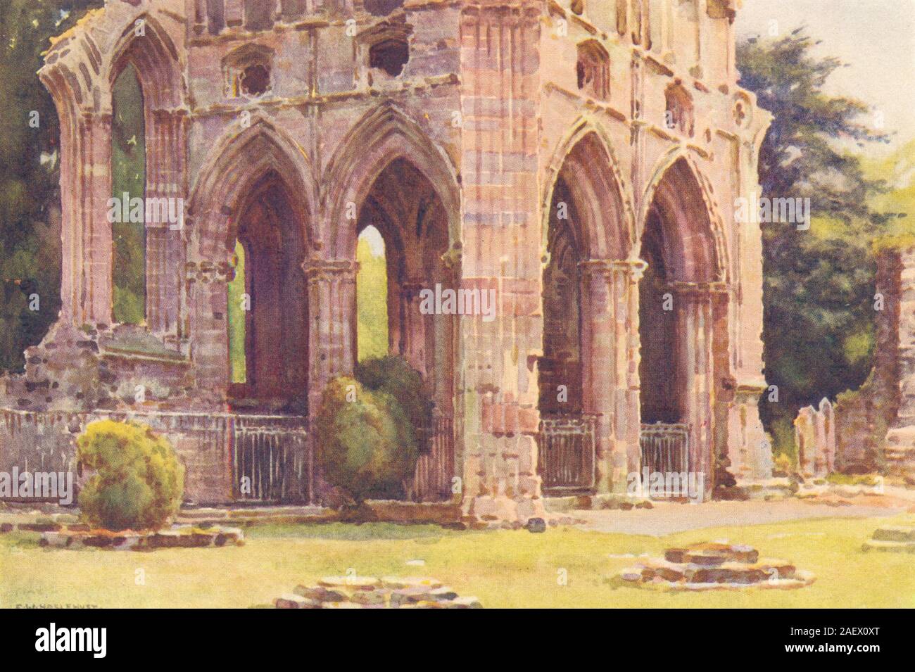 Dryburgh Abbey. Das Grab von Sir Walter Scott. Schottland. Von Ernest Haslehust 1920 Stockfoto