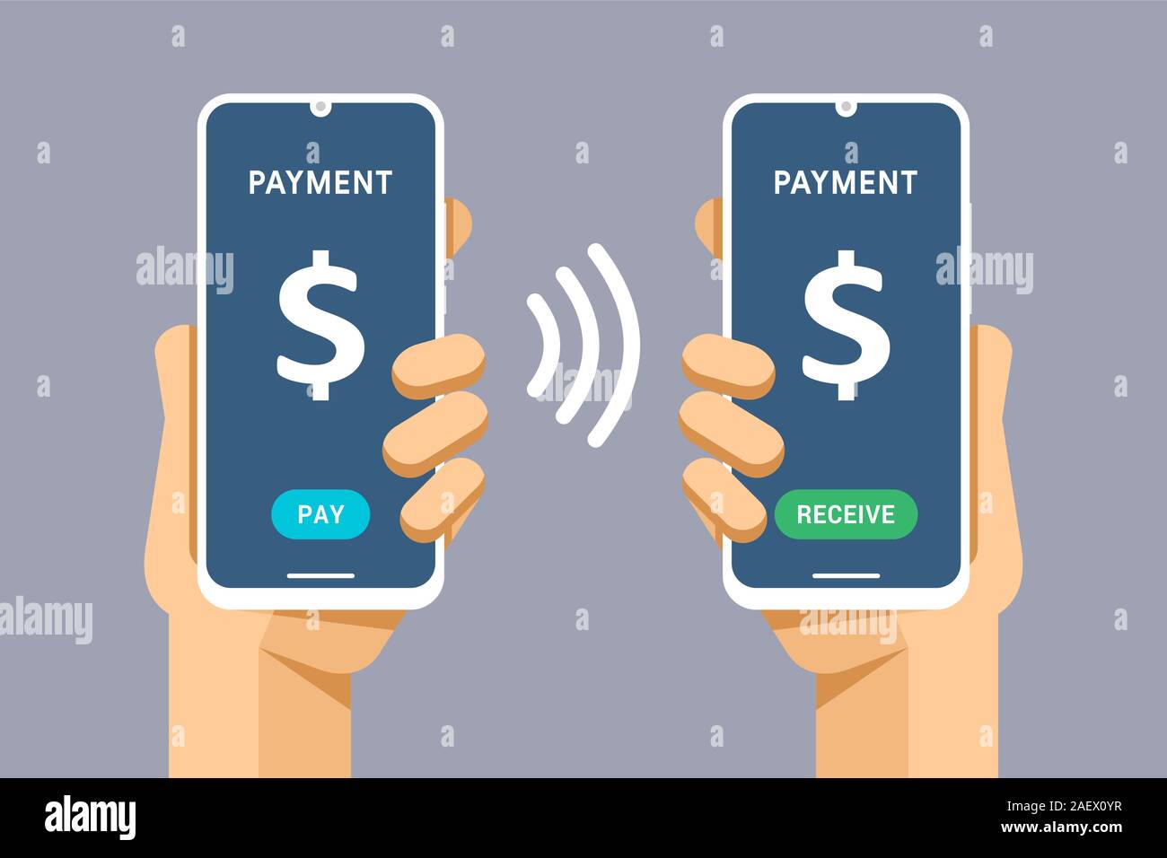 Smartphone Mockup in der menschlichen Hand. Geld-Transaktion Senden und Empfangen von Telefon zu Telefon. Elektronische Geldbörse. Vektor bunte Technologie illustr Stock Vektor