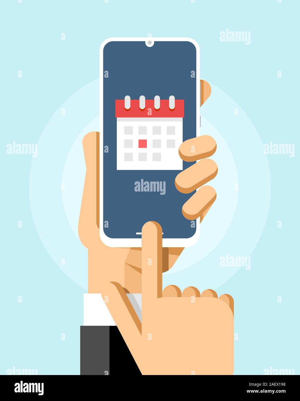 Smartphone mockup mit der Anwendung "Kalender" auf dem Bildschirm. Besprechung, Datum, Ereignis. Vektor bunte Technologie Abbildung Stock Vektor