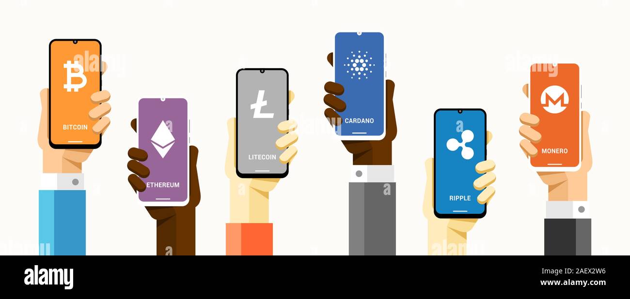 Smartphones mit viel cryptocurrencies. Bitcoin, litecoin, des Astraleums, cardano, Welligkeit und monero Münzen. Elektronische Brieftasche Anwendung Vektor illust Stock Vektor