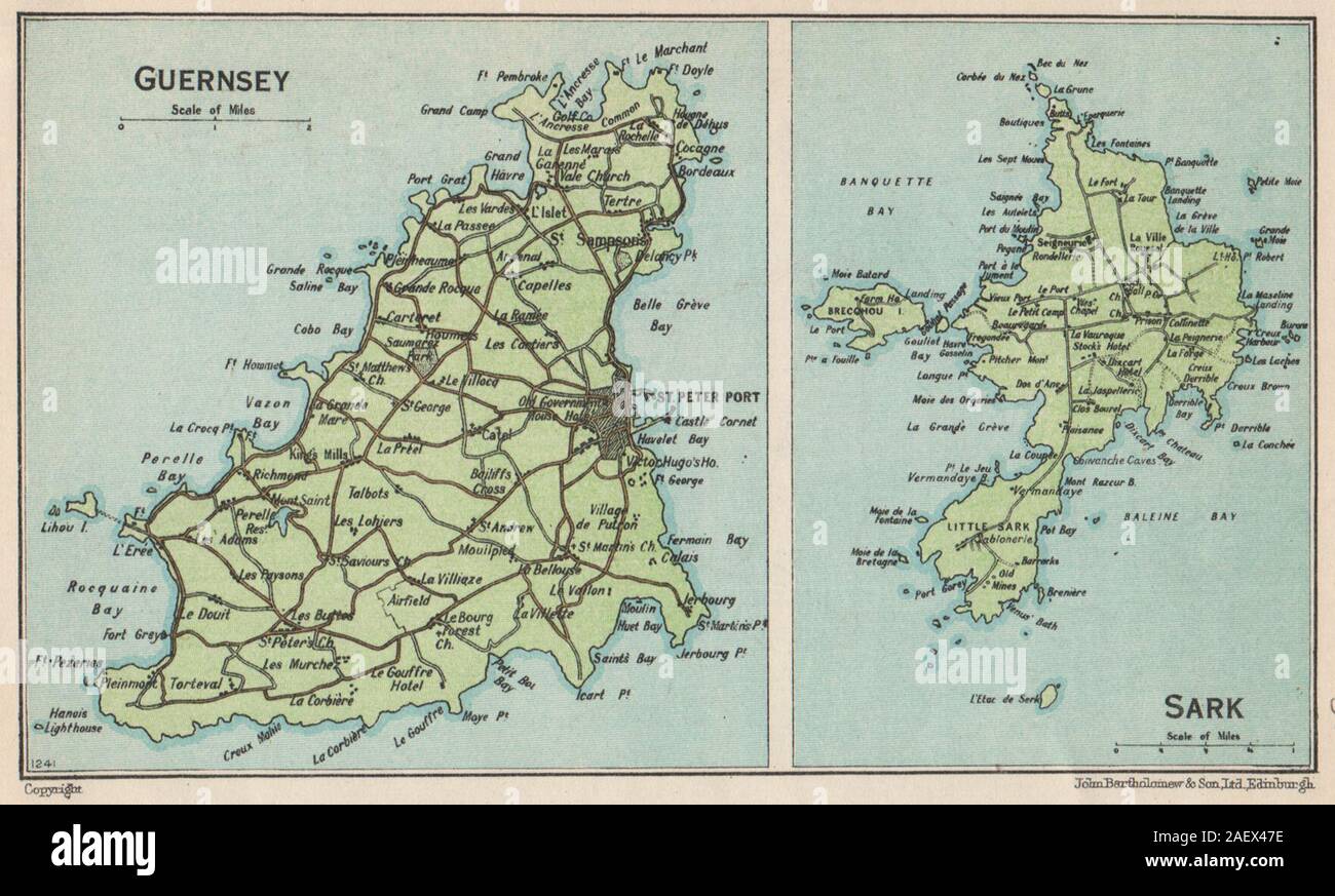 GUERNSEY und Sark. Vintage Karte planen. Kanal Inseln. St Peter Port 1950 alte Stockfoto