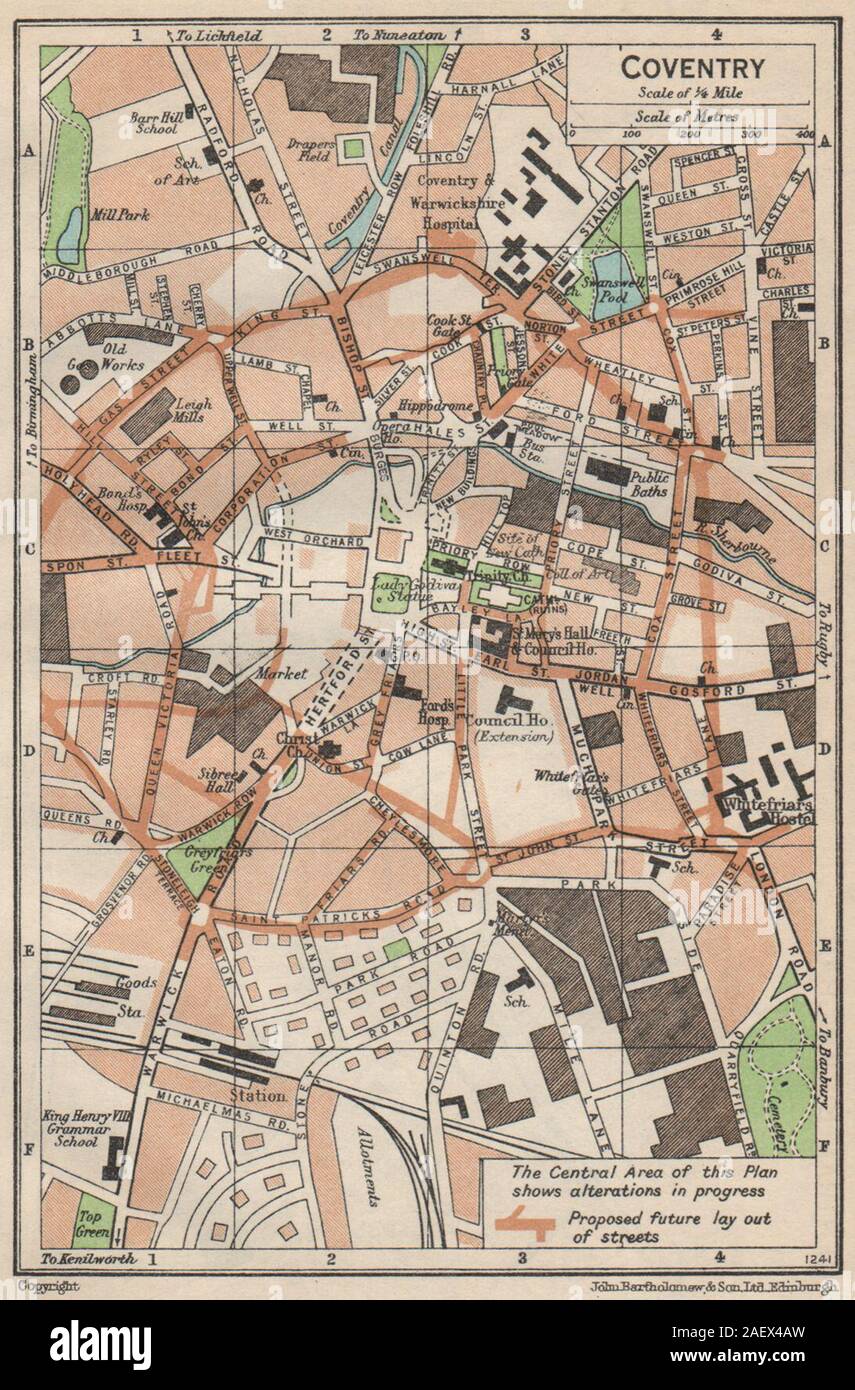 COVENTRY. Vintage Town City Karte planen. Warwickshire 1950 alte Jahrgangstabelle Stockfoto