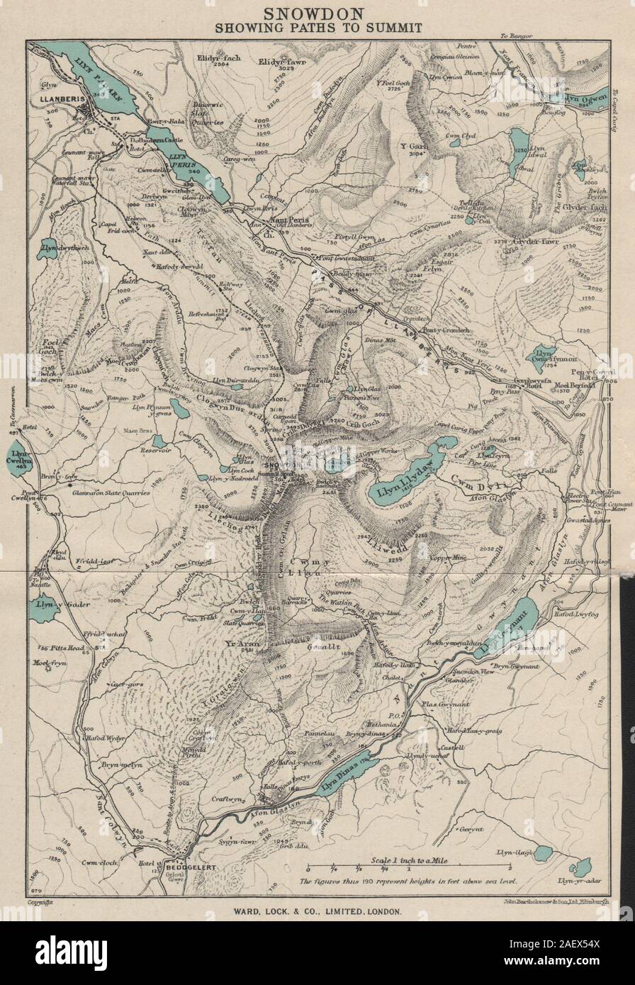 SNOWDON zeigt Wege zum Gipfel. Llanberis. Station LOCK 1950 alte vintage Karte Stockfoto