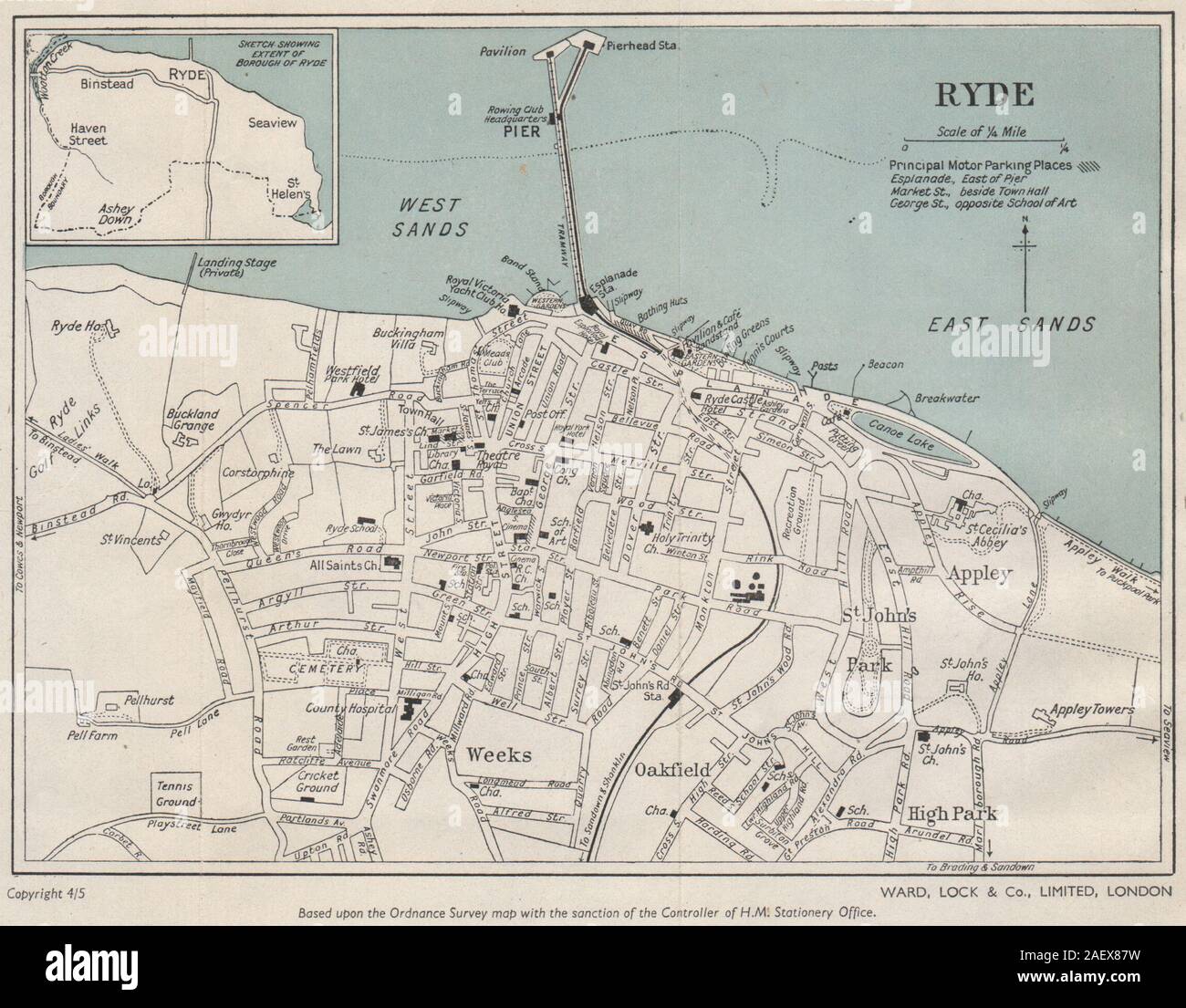 RYDE vintage Ort/Stadt planen. Isle of Wight. Station LOCK 1950 alte vintage Karte Stockfoto