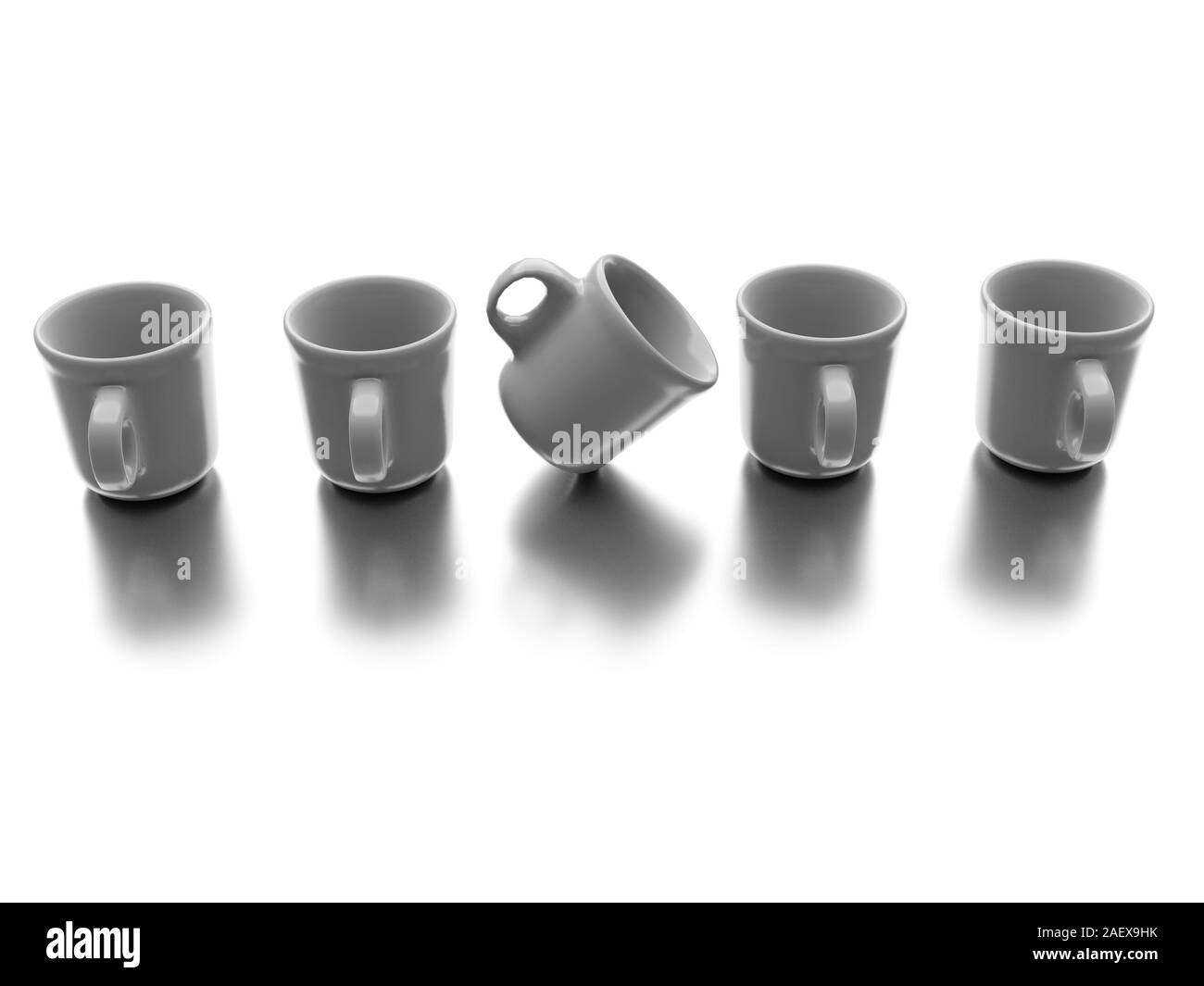 Eine einzelne unterschiedliche Tasse mit anderen Cups auf weißem Hintergrund. Geschäftskonzept. 3D-Rendering Stockfoto
