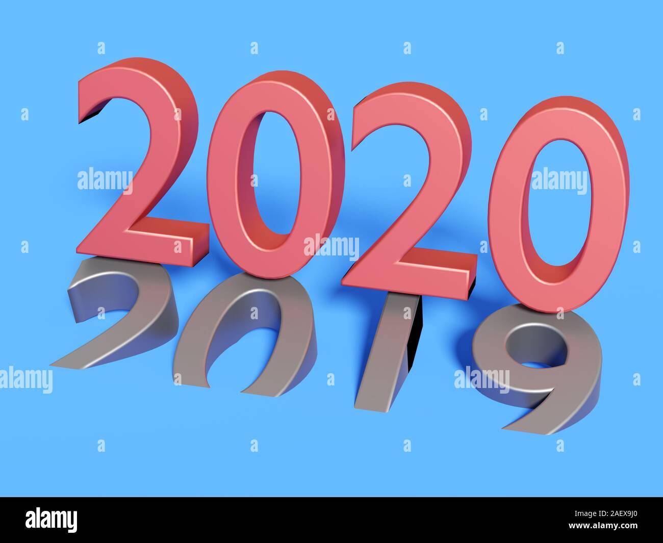 Rote Zahlen der Neuen Jahr 2020 Über die grauen alten 2019 auf blauem Hintergrund. 3D-Rendering Stockfoto