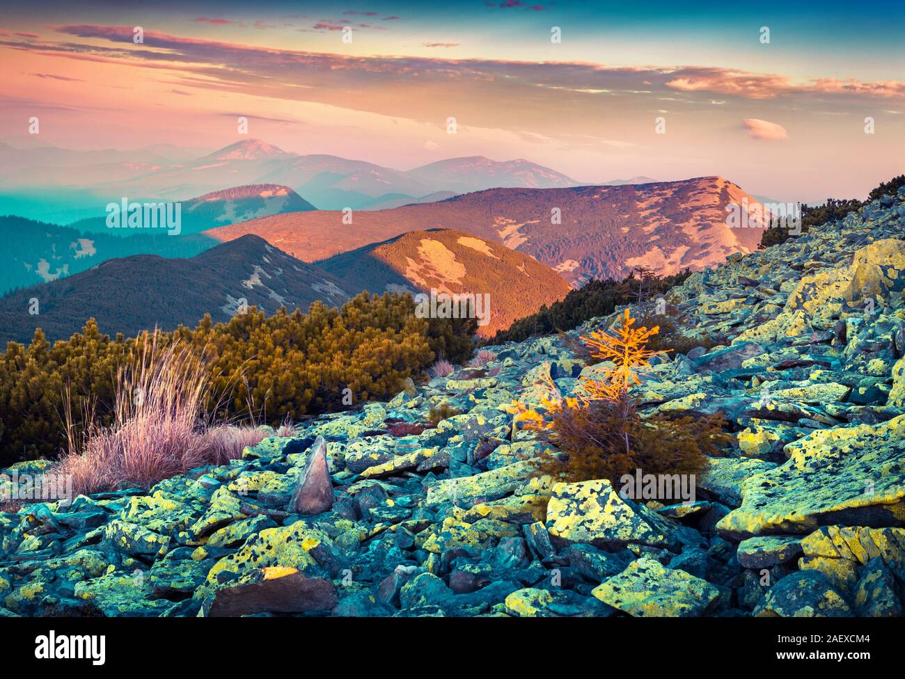 Bunte Herbst Sonnenaufgang in die Karpaten. Gorgan ridge, Ukraine, Europa. Instagram Muskelaufbau. Stockfoto