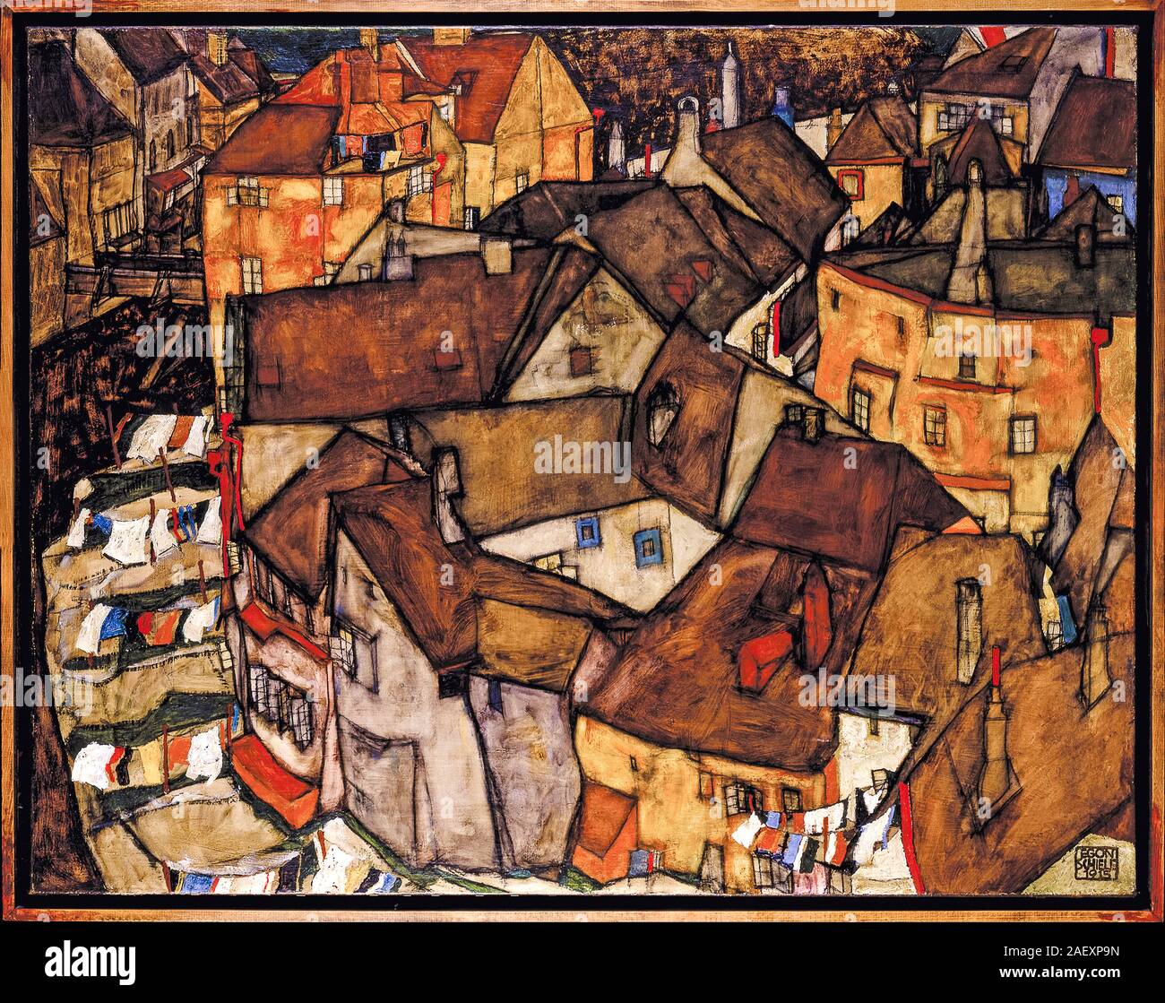 Egon Schiele, Landschaftsmalerei, Krumau, Halbmond der Häuser, (die kleine Stadt V), 1915 - Moderne Kunst Stockfoto