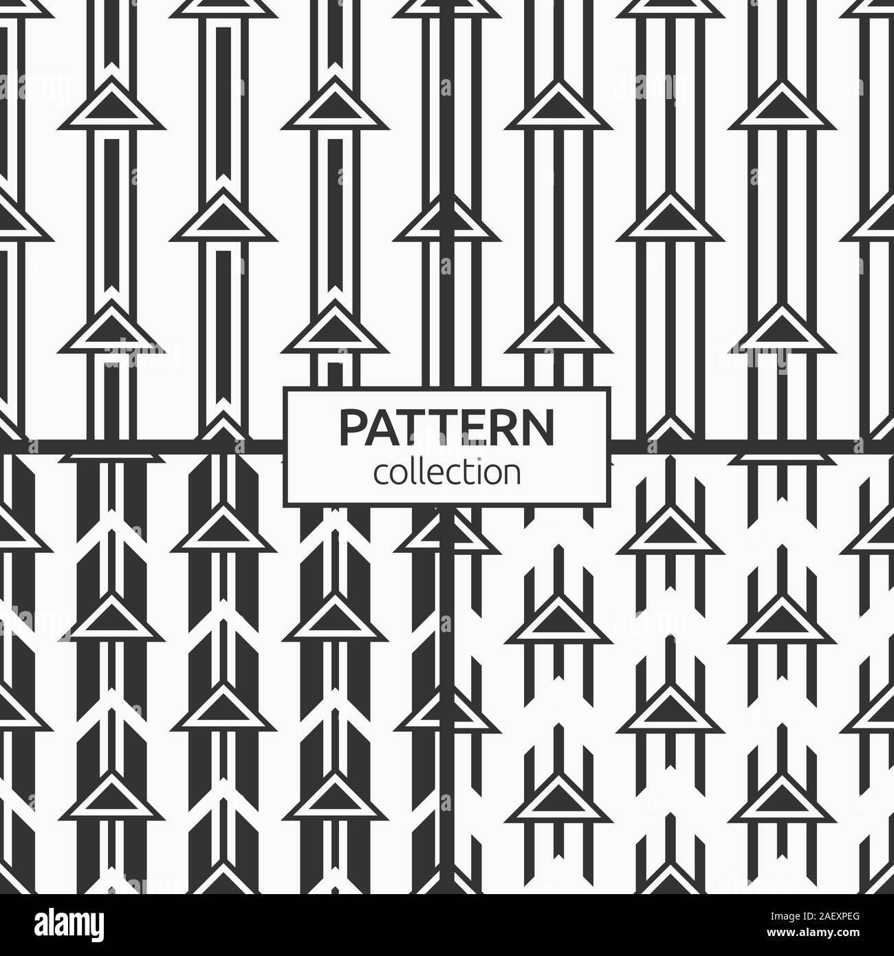 Satz von vier abstrakte geometrische nahtlose Muster der Dreiecke auf parallele Linien entfernt. Pfeile Motiv. Hintergründe für Tuch, Stoff, Textil. Stock Vektor
