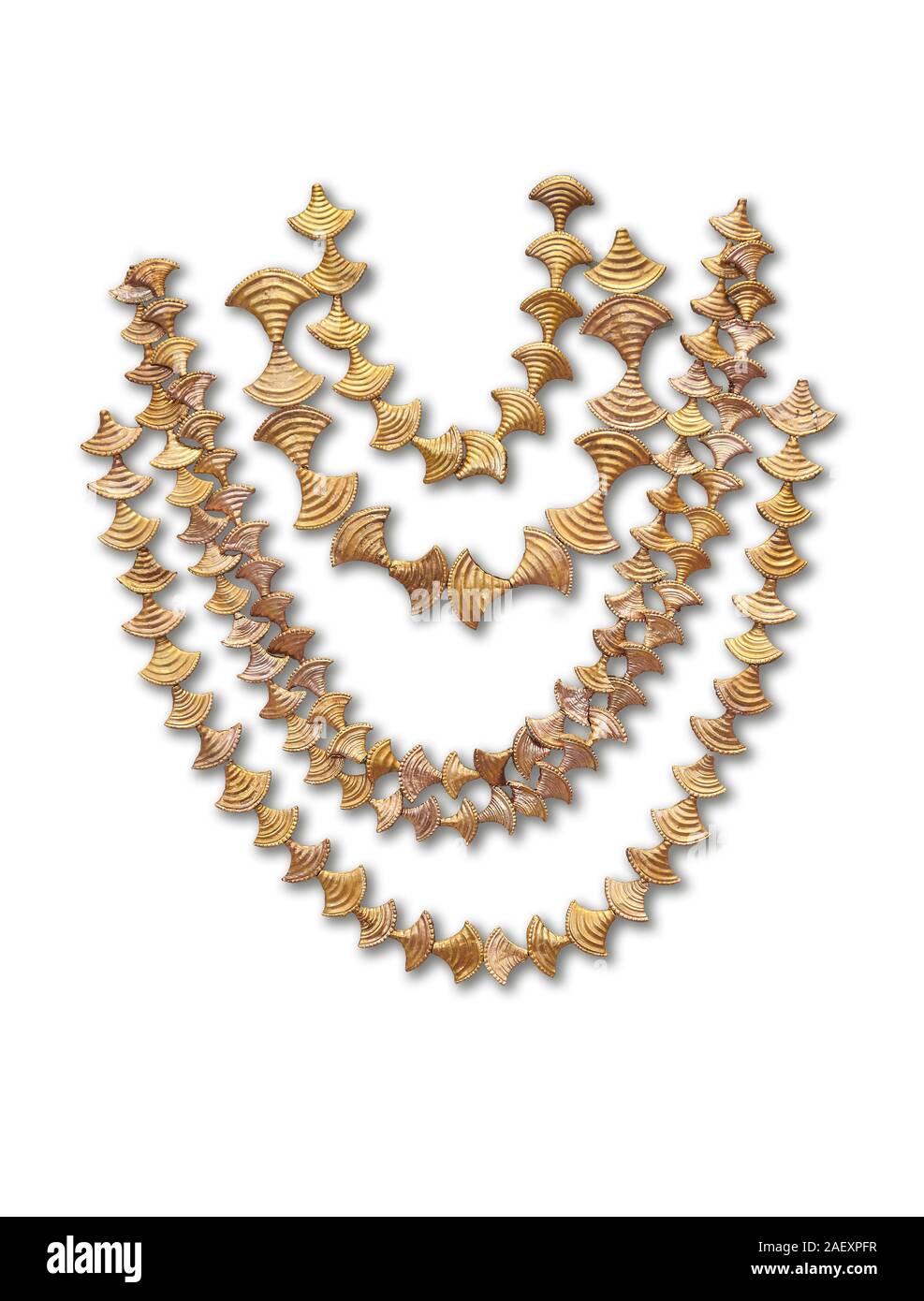 Mykenische gold Halsketten aus Mykene kammer Gräber, Griechenland. Archäologisches Nationalmuseum Athen. Weißer Hintergrund. Von oben nach unten: Top f Stockfoto