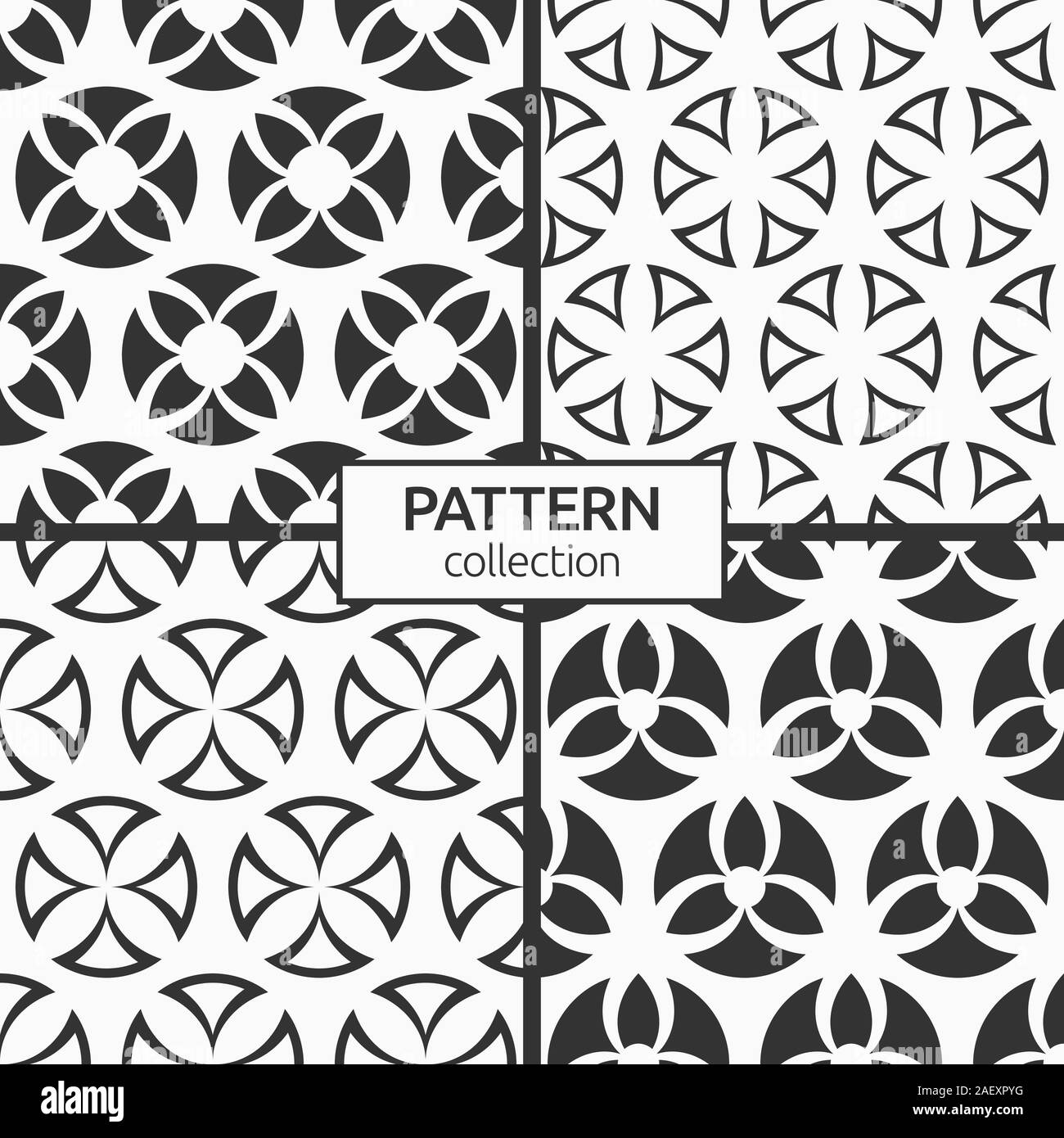 Satz von vier abstrakte nahtlose Muster von sich wiederholenden runden Ornamente auf weißem Hintergrund. Hintergründe mit Kreisen, wirbelnde Formen. Stock Vektor