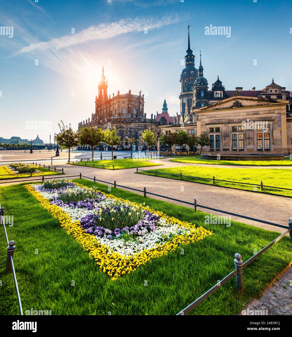 Feder Szene in der historischen Szene von Dresden, Residenz der Könige von Sachsen Dresden Schloss (Residenzschloss oder Schloss), die Katholische Hofkirche. Sonnige morni Stockfoto