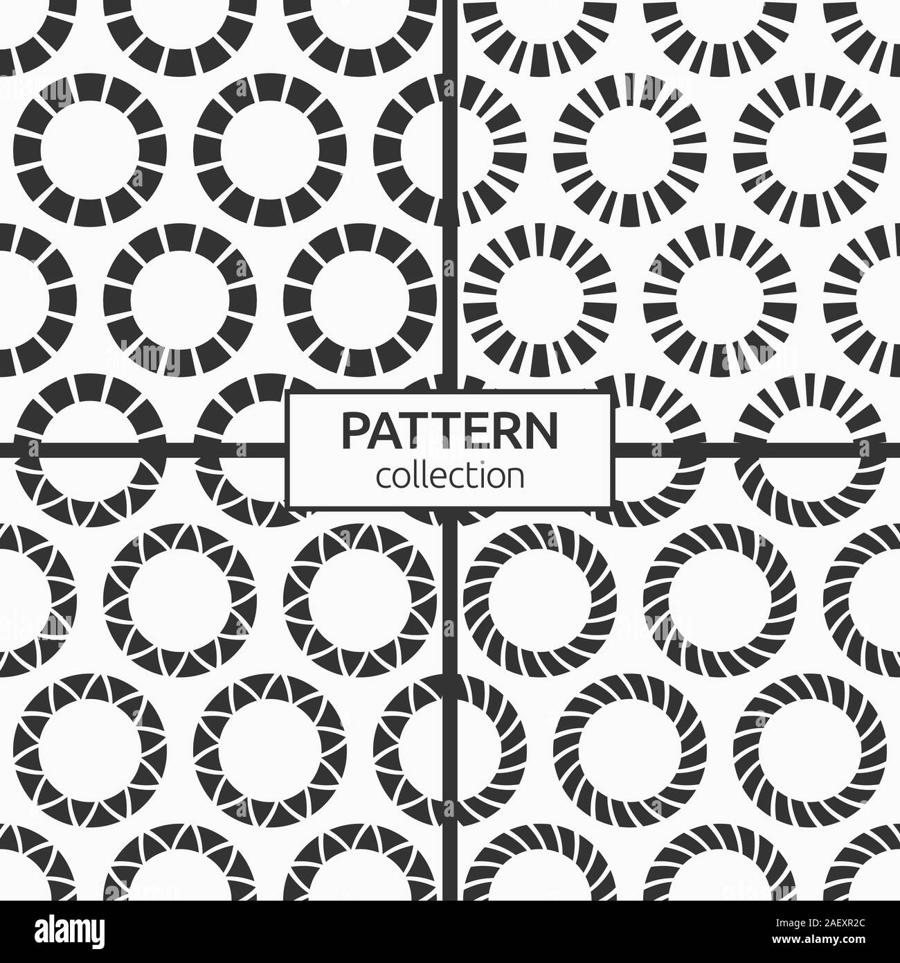 Satz von vier abstrakte nahtlose Muster von sich wiederholenden runden Ornamente auf weißem Hintergrund. Hintergründe mit Kreisen, wirbelnde Formen. Stock Vektor