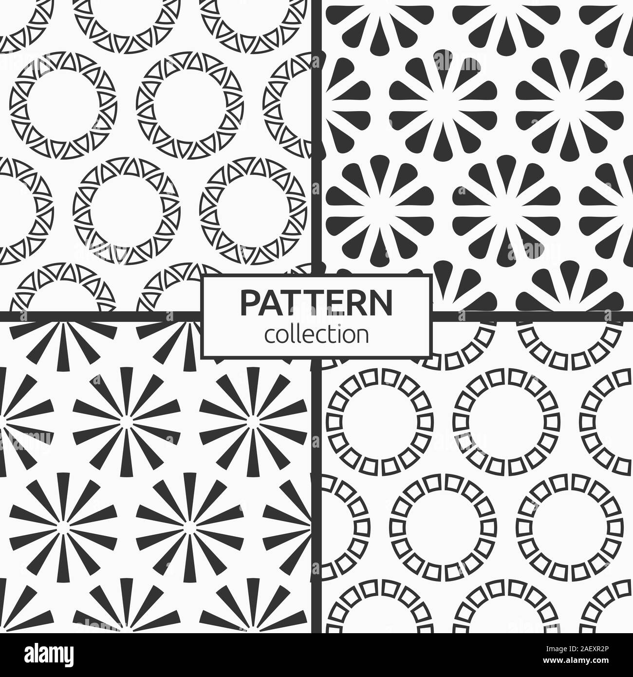 Satz von vier abstrakte nahtlose Muster von sich wiederholenden runden Ornamente auf weißem Hintergrund. Hintergründe mit Kreisen, wirbelnde Formen. Stock Vektor