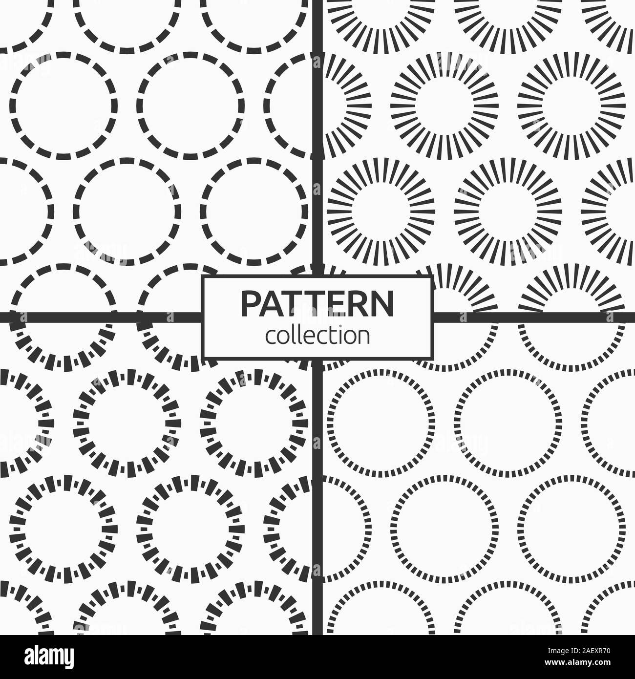 Satz von vier abstrakte nahtlose Muster von sich wiederholenden runden Ornamente auf weißem Hintergrund. Hintergründe mit Kreisen, wirbelnde Formen. Stock Vektor