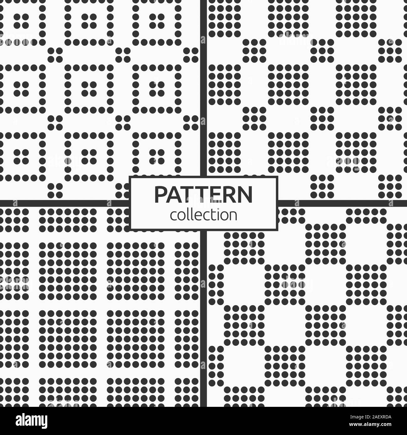 Satz von vier nahtlose Muster. Moderne, elegante Textur. Wiederkehrende geometrische Fliesen der gestrichelten Quadrate, Punkte. Einfache monochromen vector Hintergrund. Stock Vektor