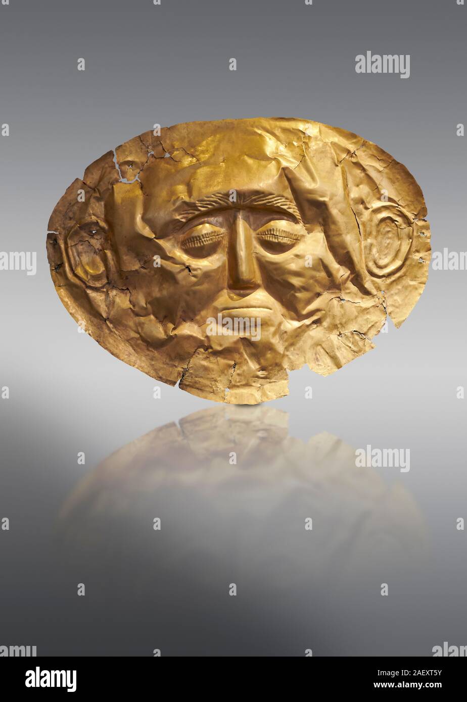 Mykenische goldene Totenmaske, Grab Kreislauf ein, Mykene, Griechenland. Archäologisches Nationalmuseum von Athen. Grauer Hintergrund dieser Tod Maske typisch für ist Stockfoto
